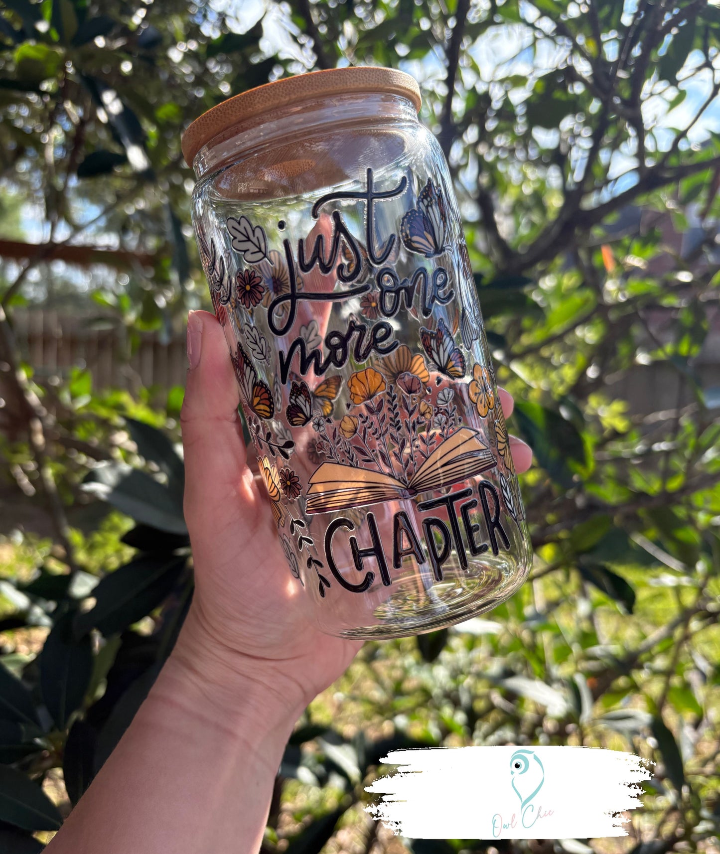 Just One More Chapter with Butterflies | 16 oz Glass Cup Collection with Bamboo Lid & Straw