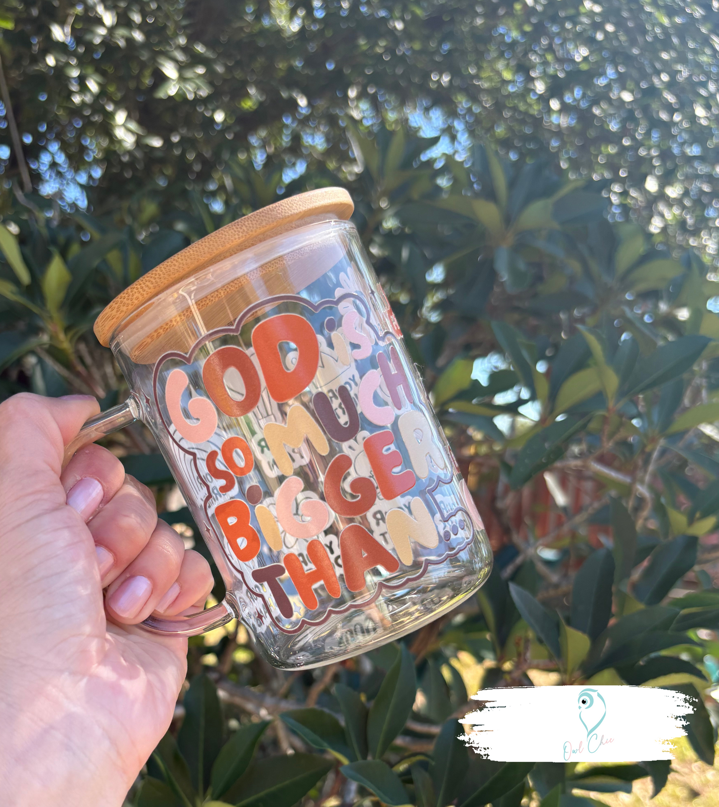 God is Bigger than | 15 oz. Glass Mug with Bamboo Lid & Glass Straw
