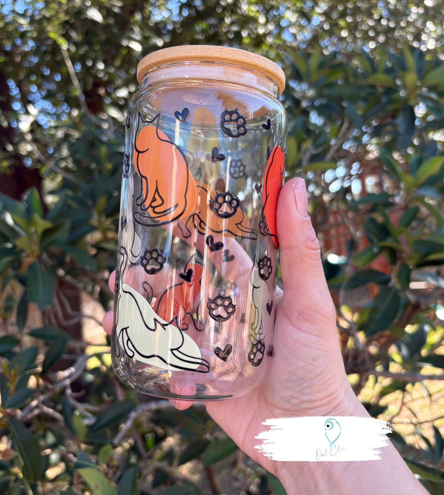 Boho Cats 16 oz. Glass Cup | Bamboo Lid & Glass Straw