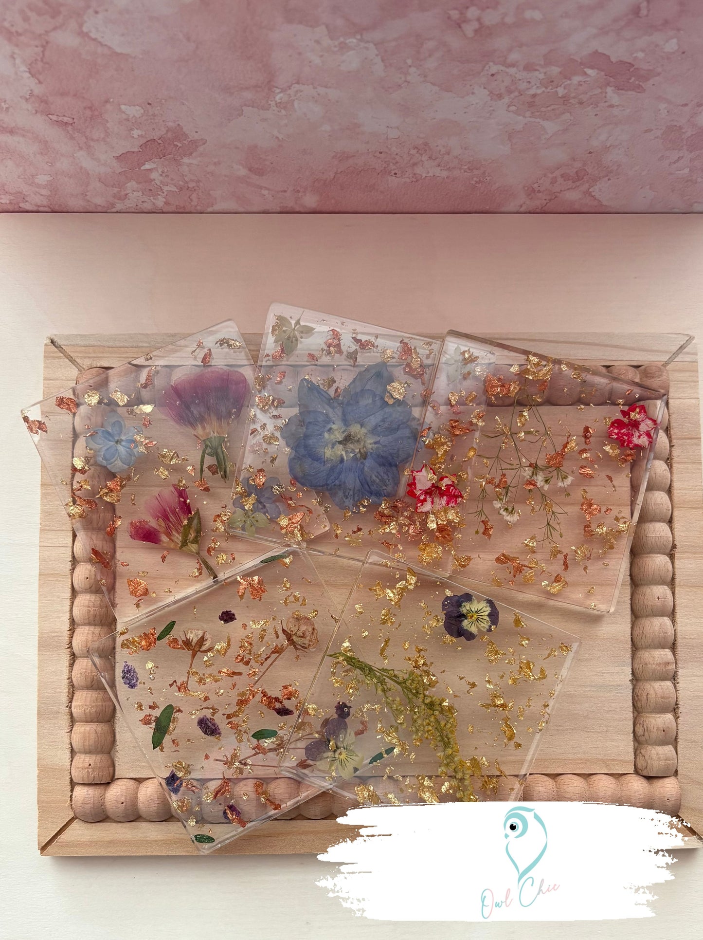 Dried Flower Resin Coasters | Pink and Blue Flowers and Gold Flakes