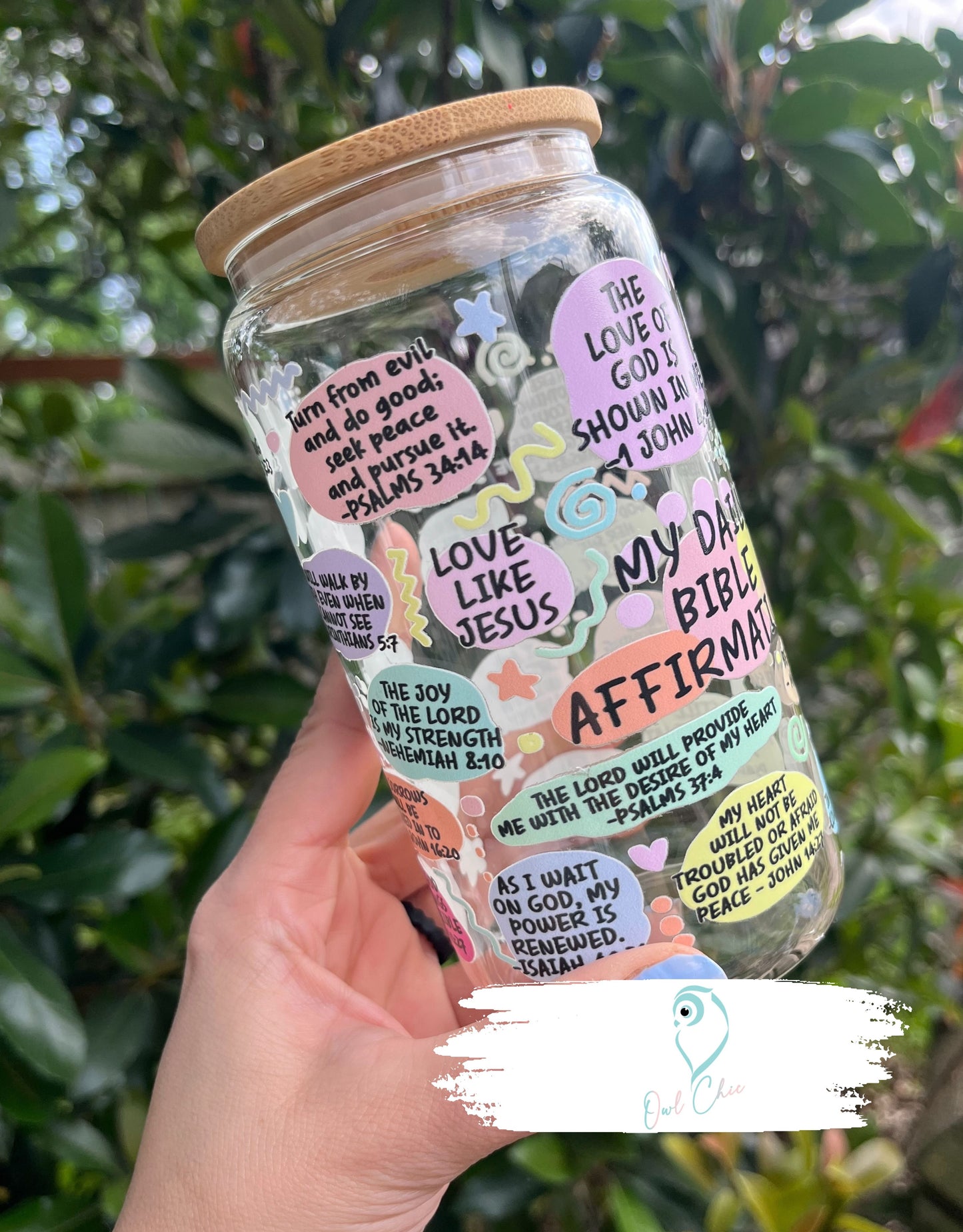 Daily Bible Affirmations Clear 16 oz. Glass Cup (Version 1) | Includes Bamboo Lid and Glass Straw