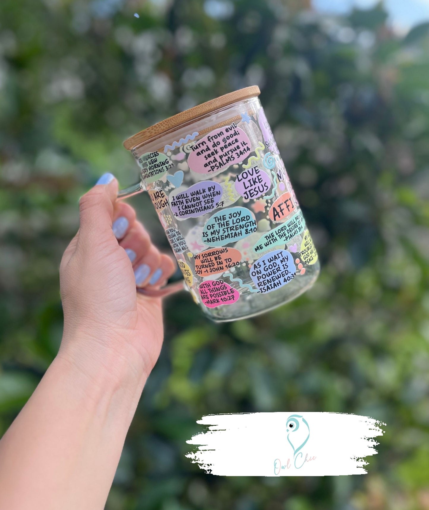 Daily Bible Affirmation Mug| 15 oz. Glass Mug with Bamboo Lid & Glass Straw