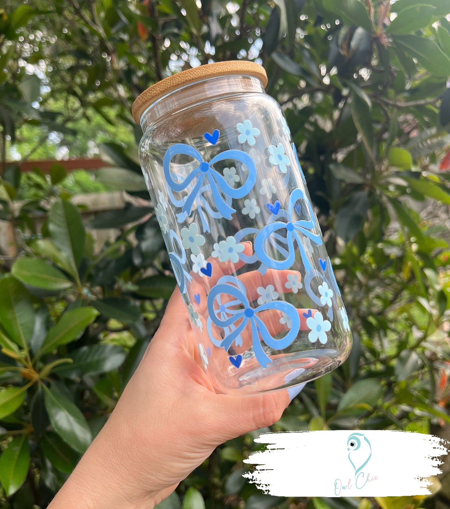Coquette Bows, Flowers & Hearts 16 oz. Glass Cup | Pink or Blue | Bamboo Lid & Glass Straw