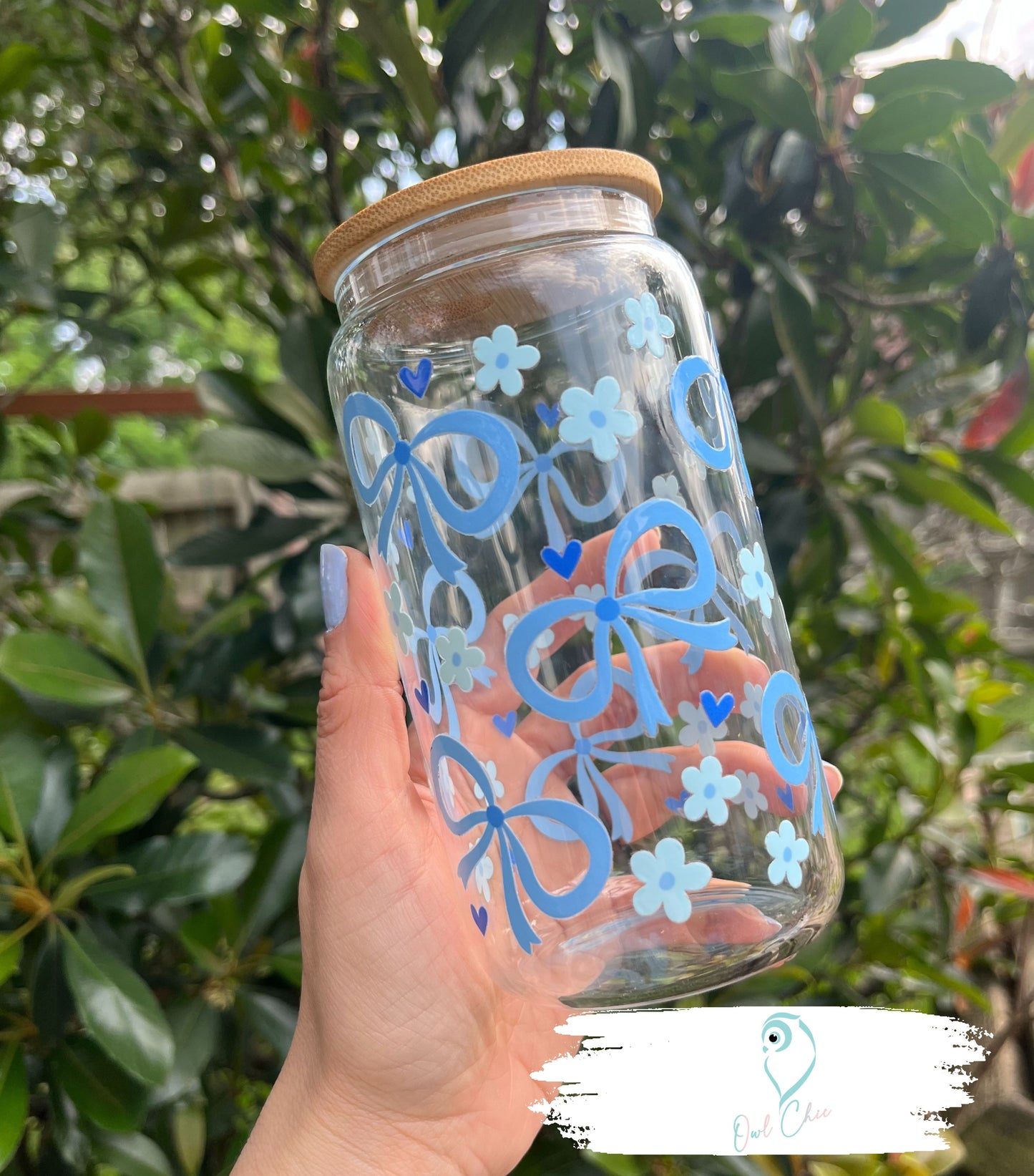 Coquette Bows, Flowers & Hearts 16 oz. Glass Cup | Pink or Blue | Bamboo Lid & Glass Straw