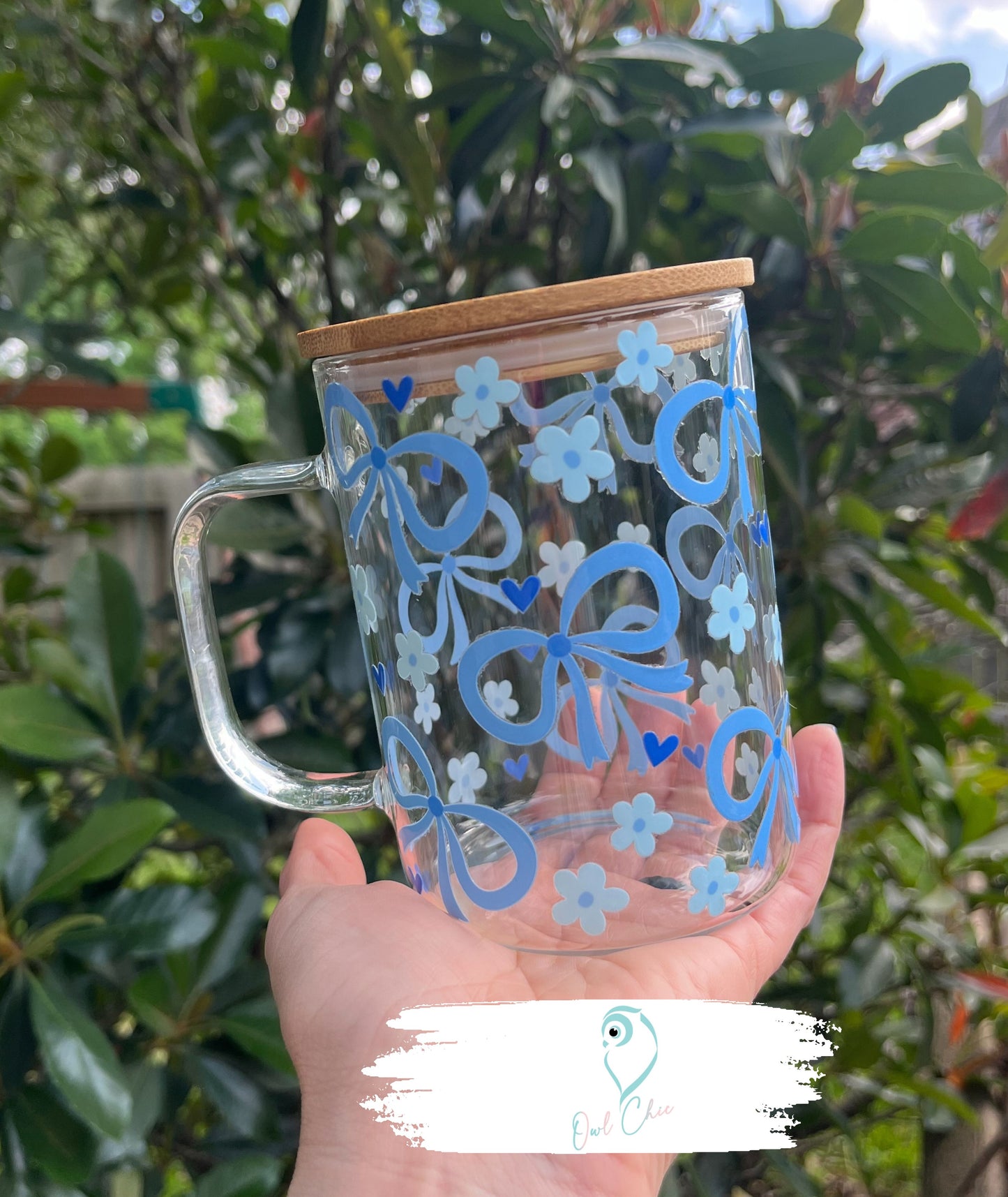 Coquette Bows, Flowers & Hearts 15 oz. Glass Mug | Pink or Blue | Bamboo Lid & Glass Straws