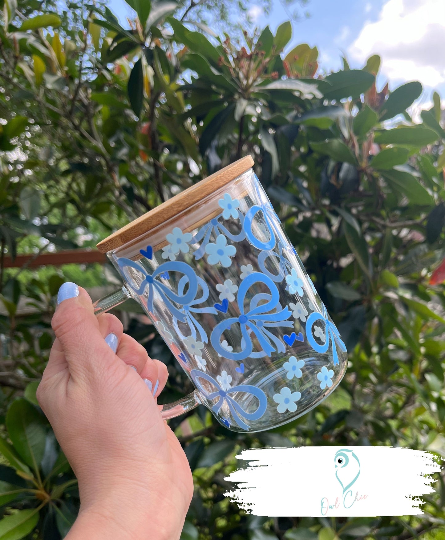 Coquette Bows, Flowers & Hearts 15 oz. Glass Mug | Pink or Blue | Bamboo Lid & Glass Straws