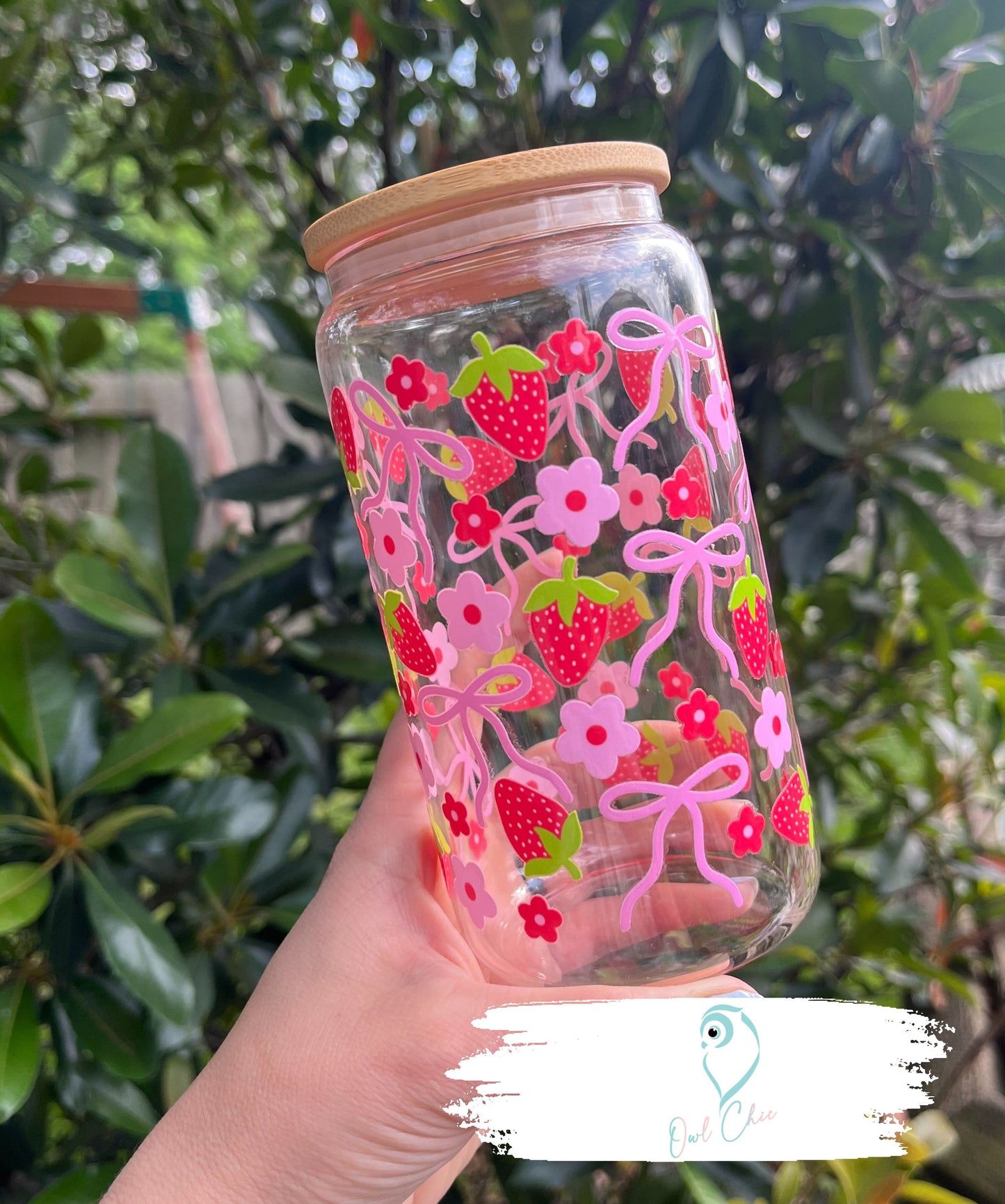Coquette Pink Bows, Flowers & Strawberries 16 oz. Glass Cup | Bamboo Lid & Glass Straw