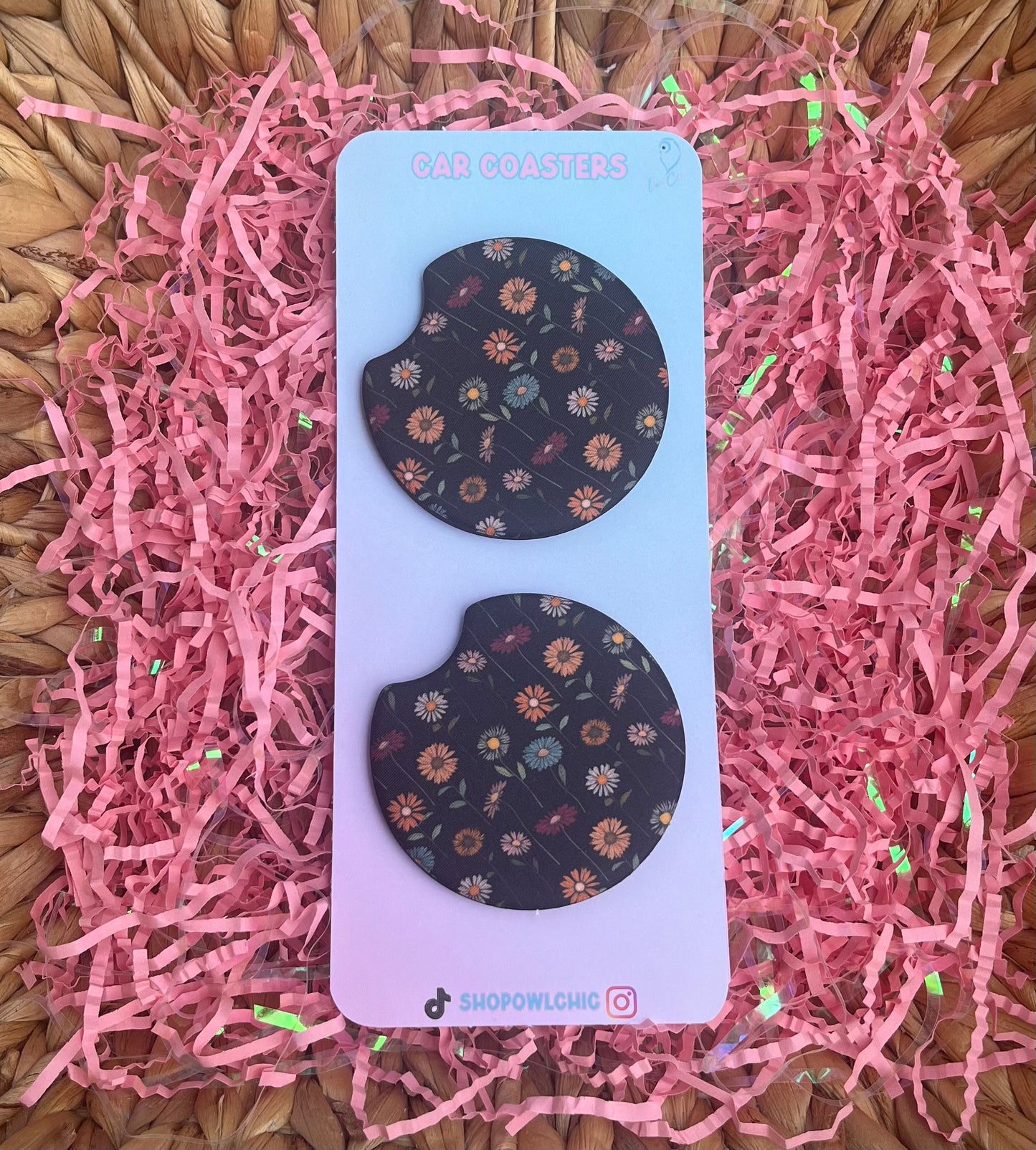 Daisy wild flowers print car coasters made from neoprene