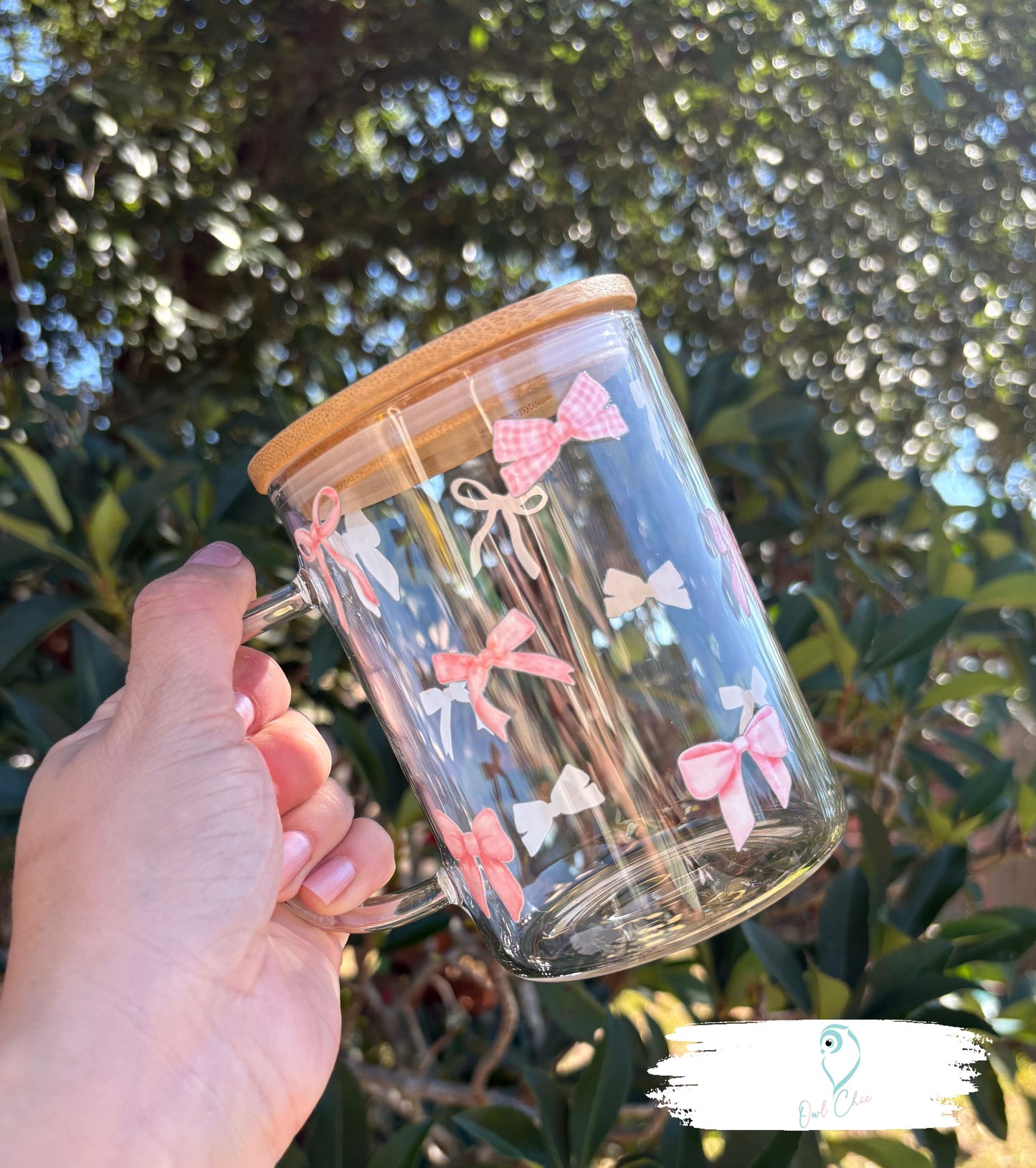Pink Coquette Bows Glass Mug | 15oz Mug with Pink Bows, Bamboo Lid & Straw