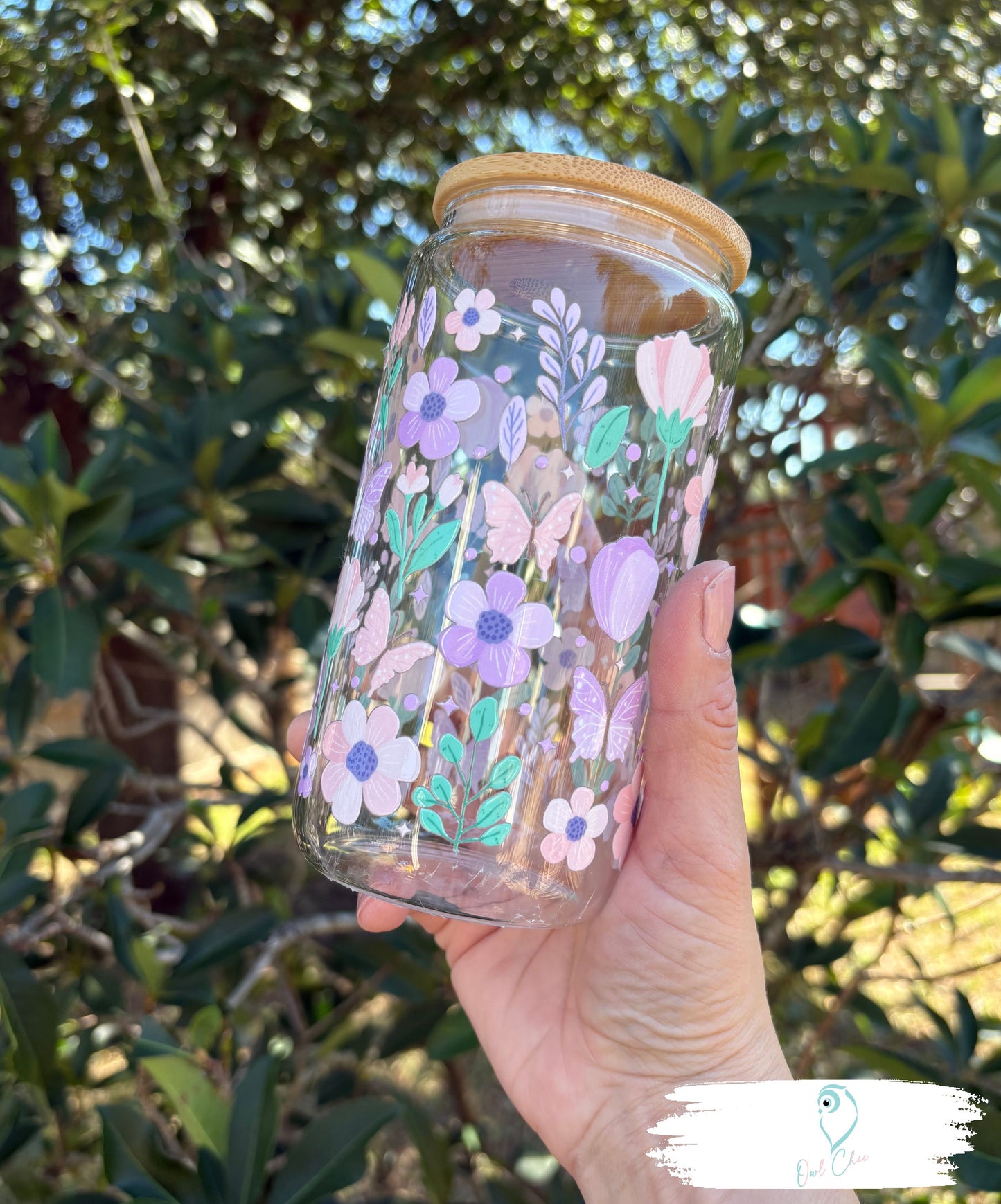 Lavender Flowers and Butterflies 16 oz. Glass Cup | Bamboo Lid & Glass Straw