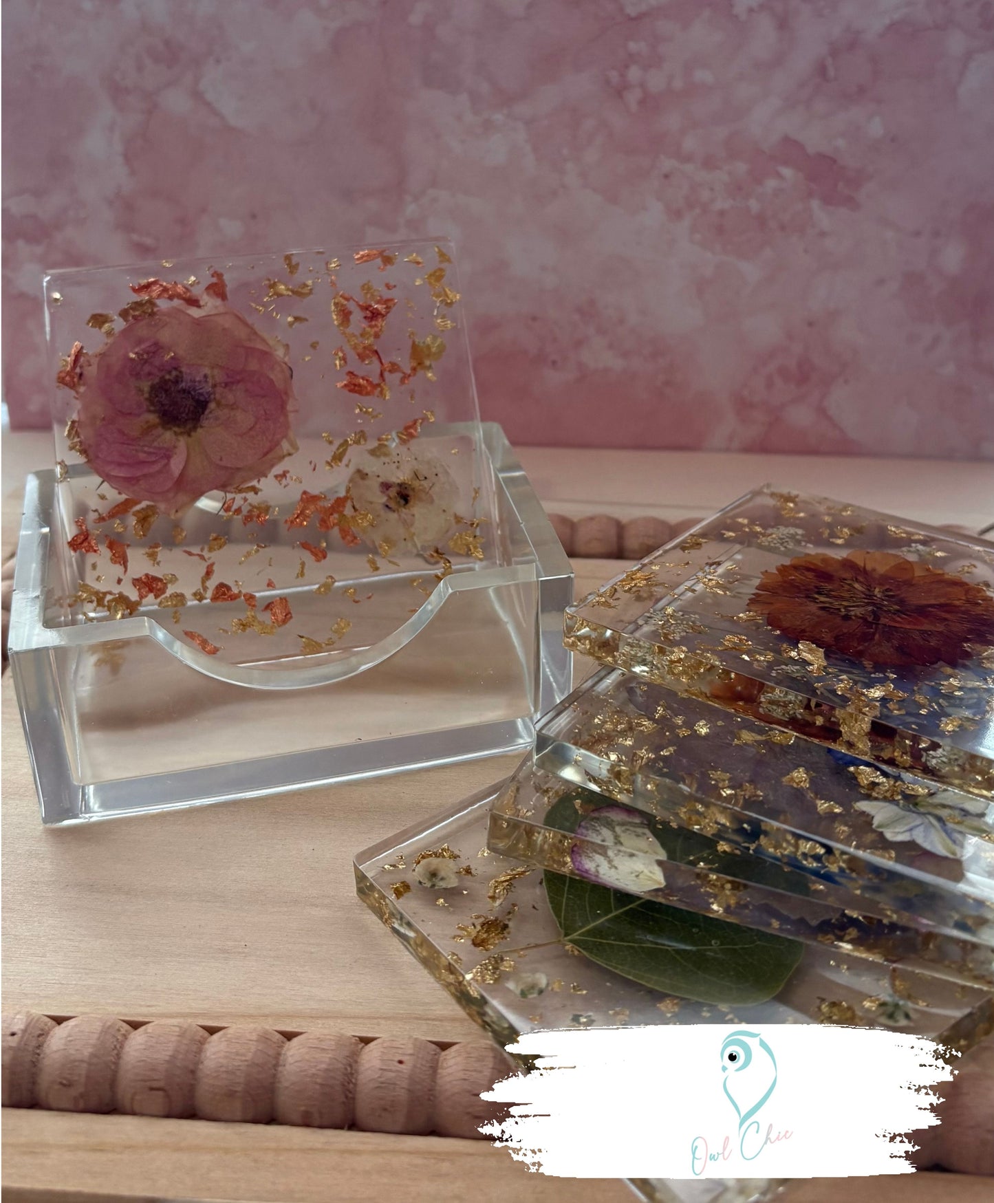 Dried Flower Resin Coasters | Green Leaf & Gold Flakes