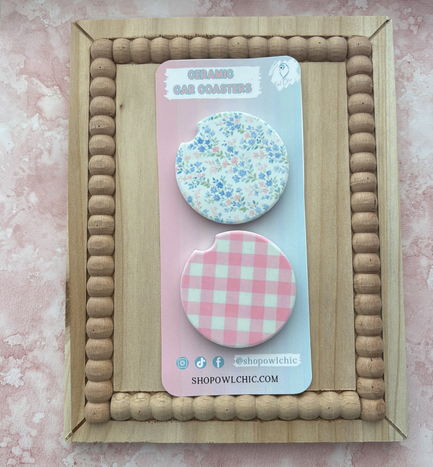 Flowers & Gingham Ceramic Coasters Set of 2 | Floral, Bow & Decorative Designs