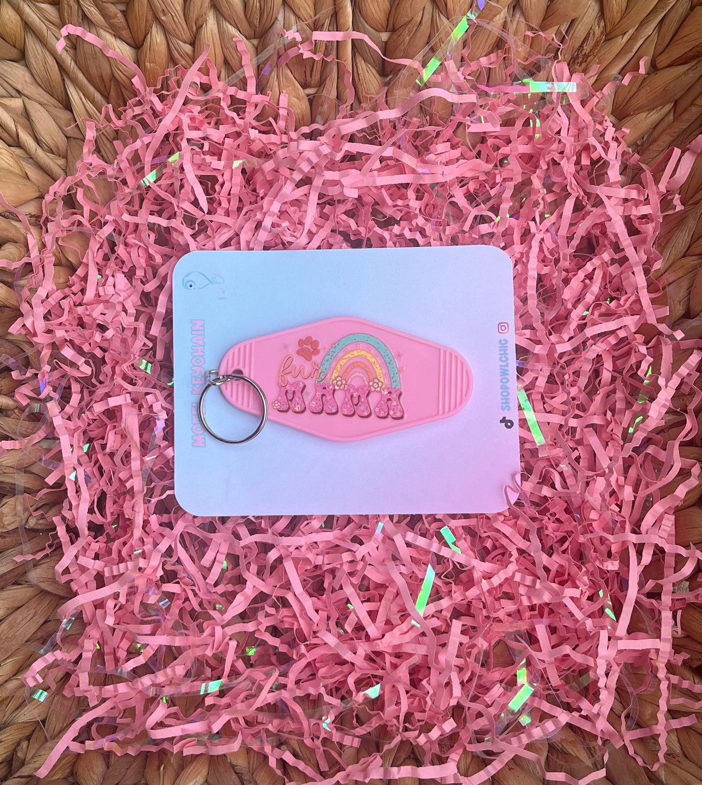 Fur Mama with Rainbow motel keychain in pink