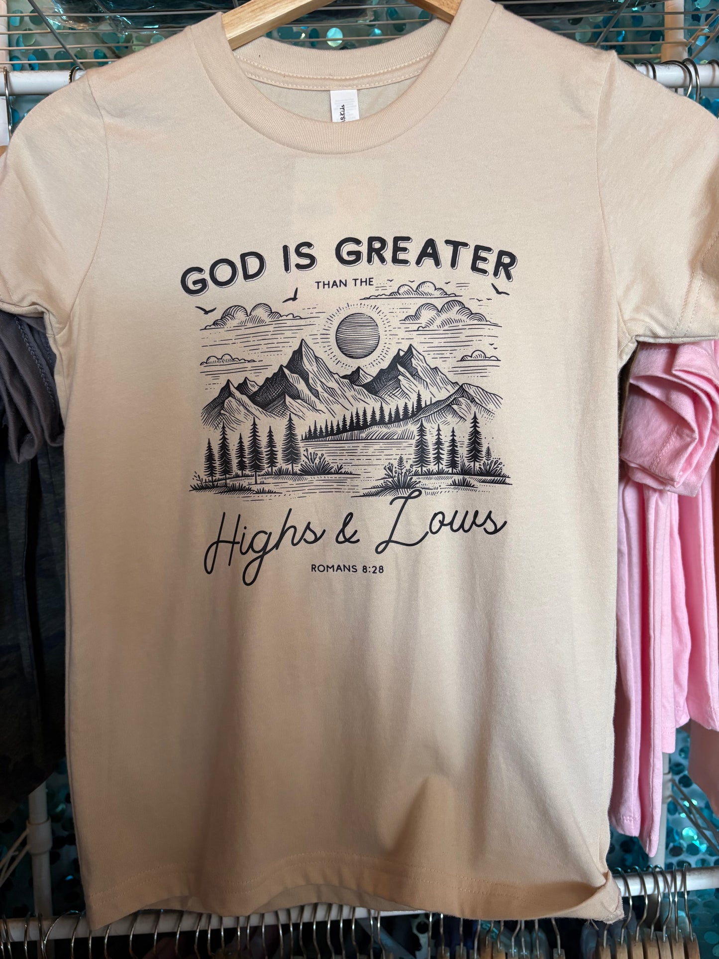 God Is Greater Than the Highs and Lows Youth T-Shirt | Romans 8:28 Christian Kids Tee