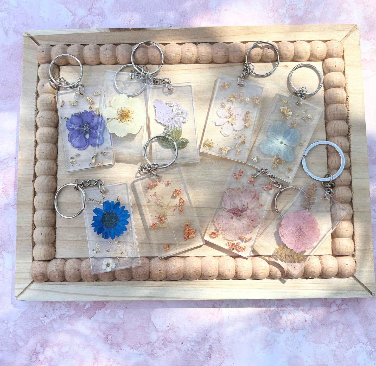 Handmade Resin Keychain with Dried Flowers & Gold Flakes | Unique Floral Gift