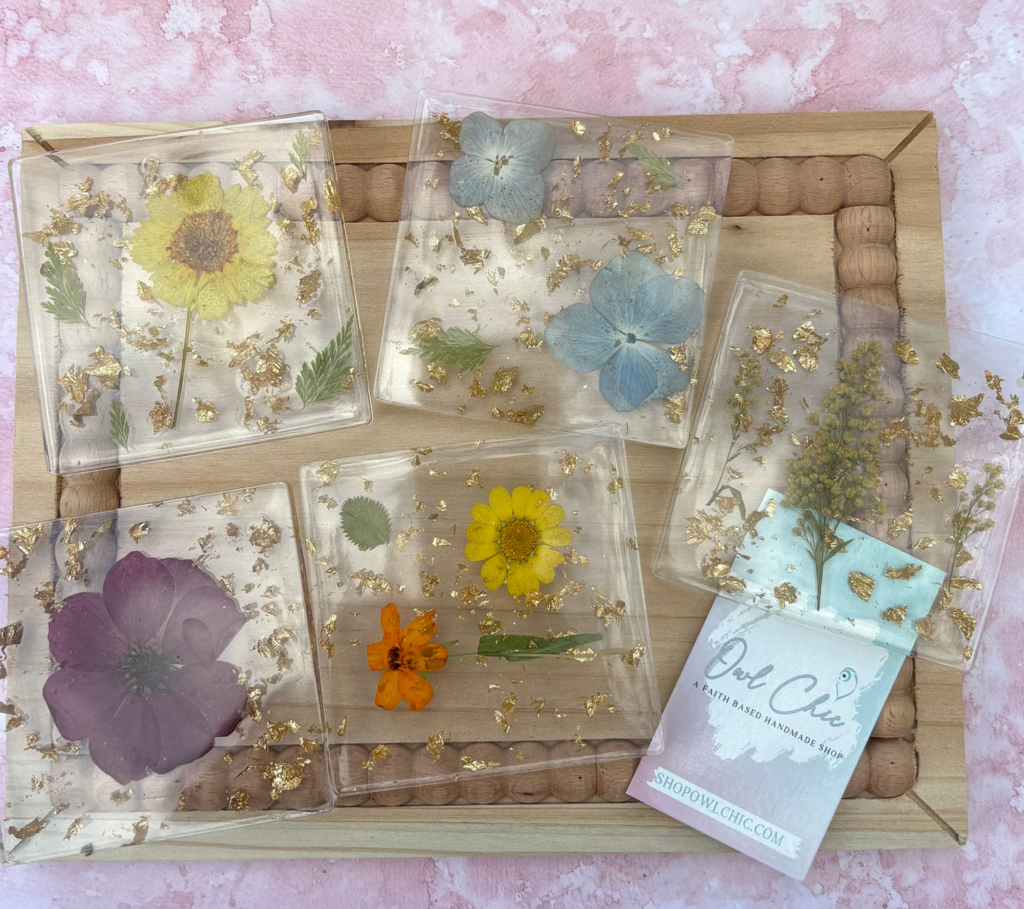 Dried Flower Resin Coaster Set | Yellow Flowers & Gold Flakes | 5 Square Coasters + Holder