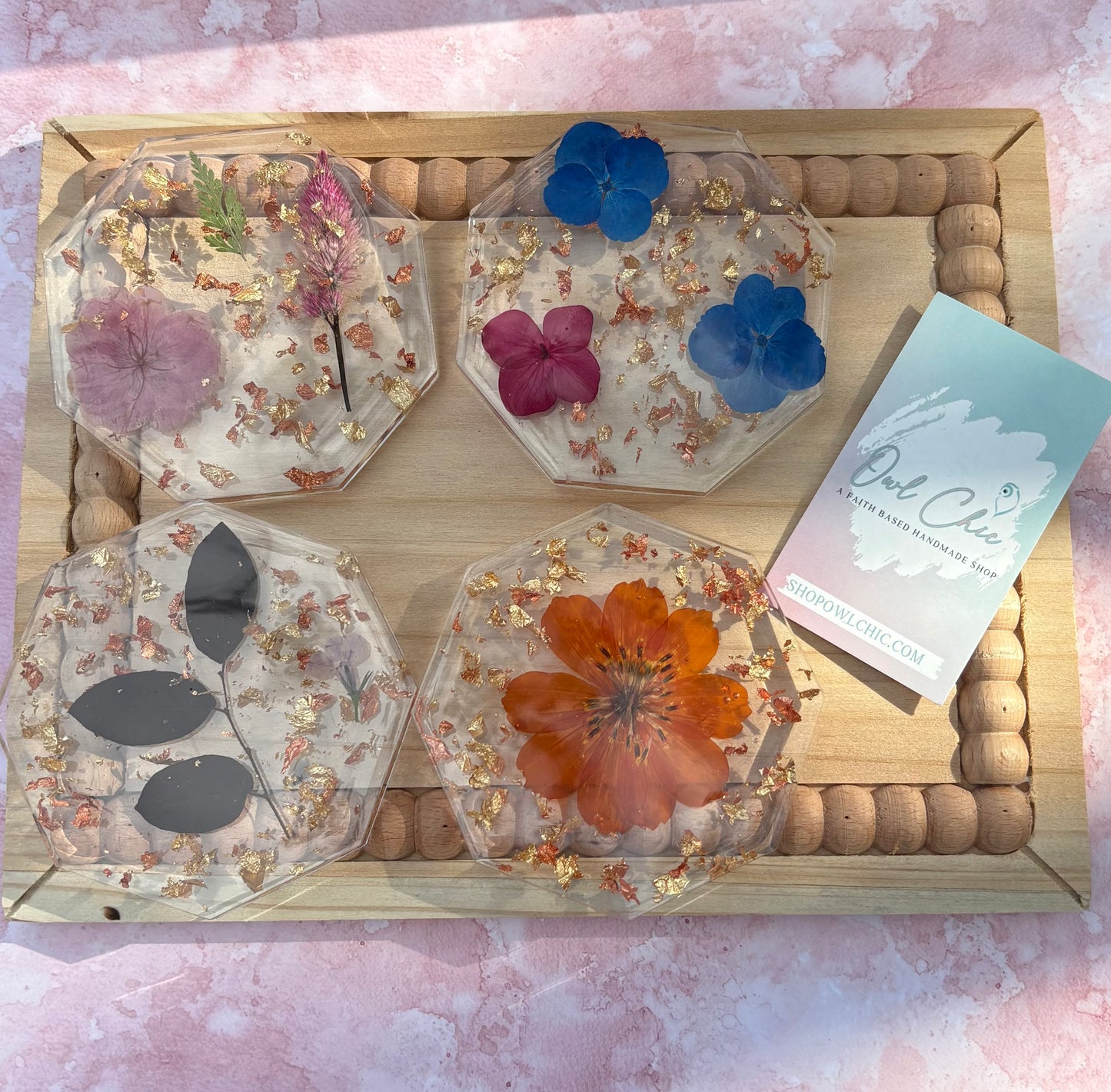 Dried Flower Resin Coaster Set | Blue, Purple, and Orange Flowers & Gold Flakes | 4 Octagon Coasters + Holder