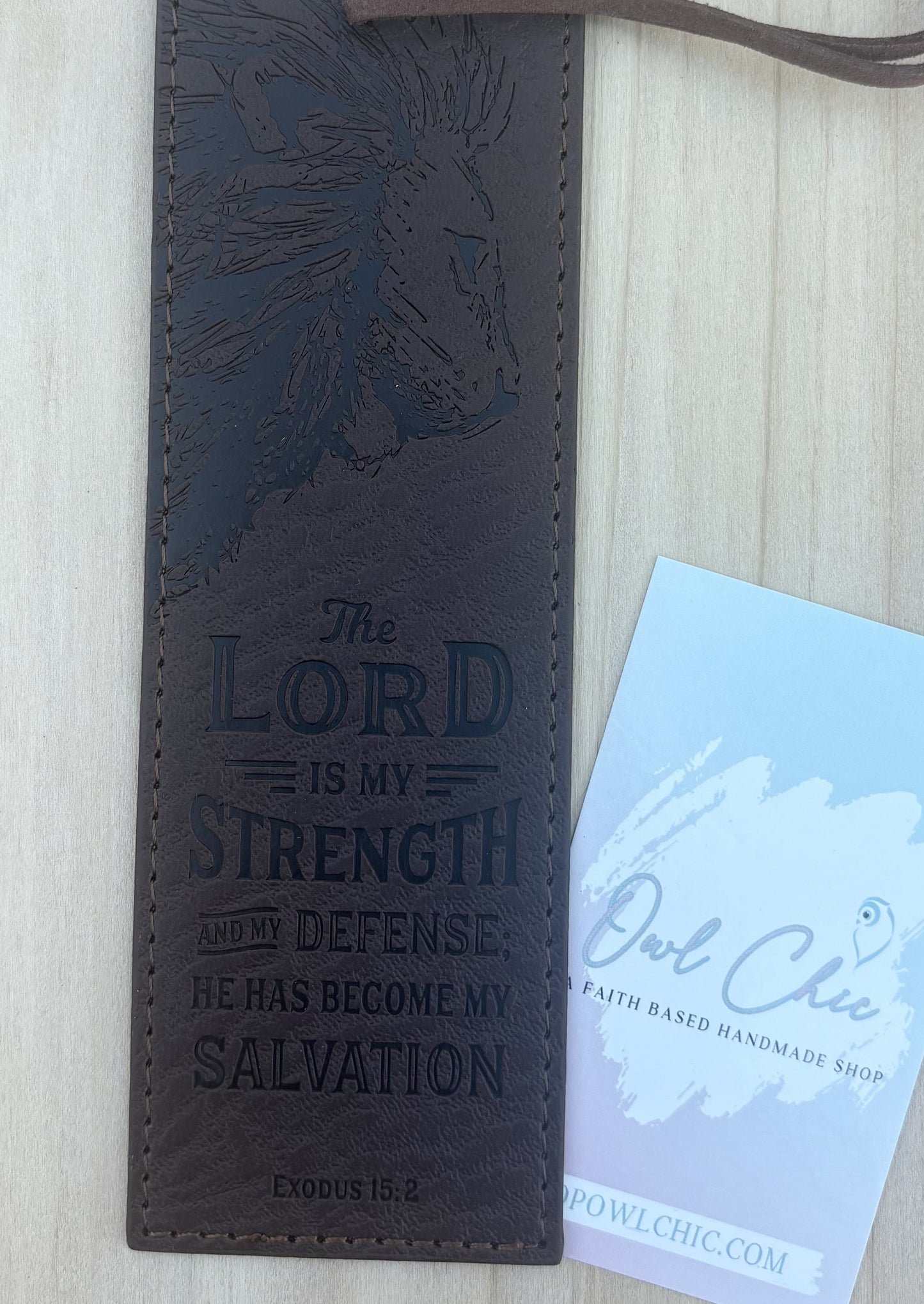 The Lord Is My Strength and My Defense Bookmark | Exodus 15:2 Brown Faux Leather Christian Bookmark for Men