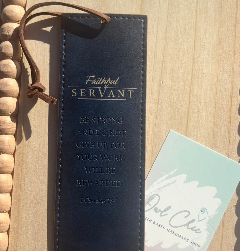 Faithful Servant Bookmark | 2 Chronicles 15:7 Blue Faux Leather Christian Bookmark for Men