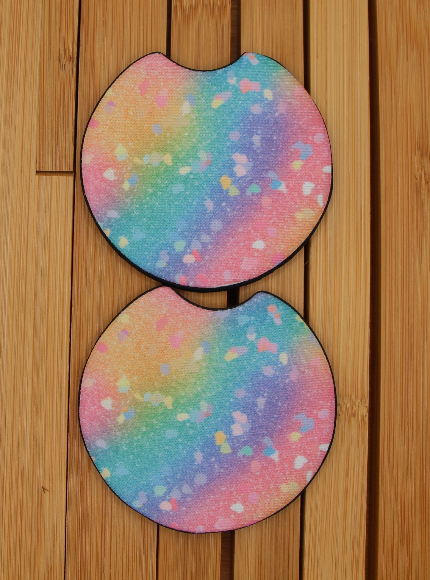 Pink rainbow confetti ombré car coasters made from neoprene