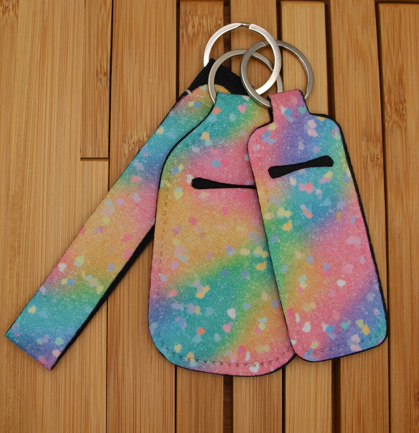 Pink Rainbow Confetti Ombré Wristlet Keychain Lanyard Set