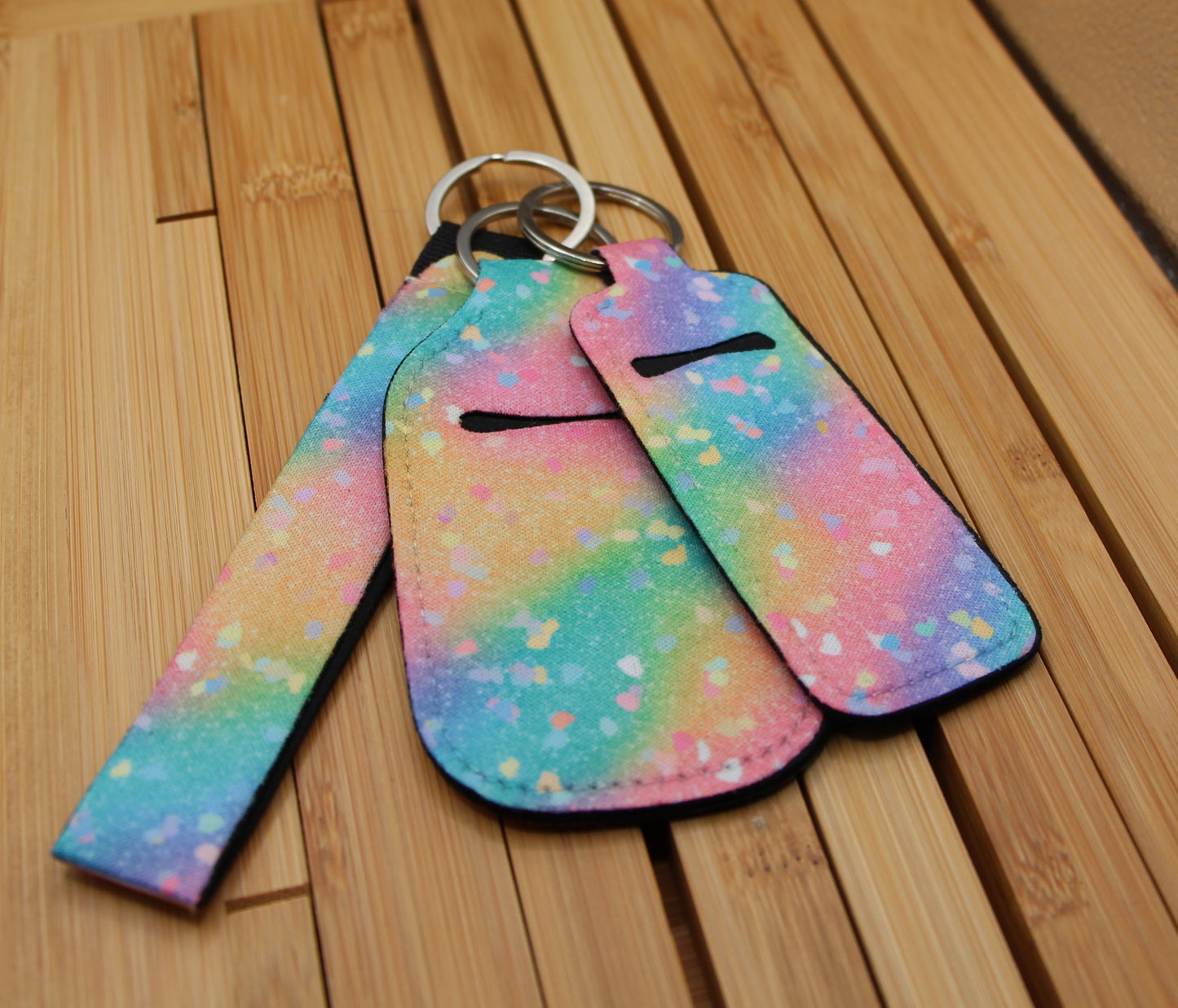 Pink Rainbow Confetti Ombré Wristlet Keychain Lanyard Set