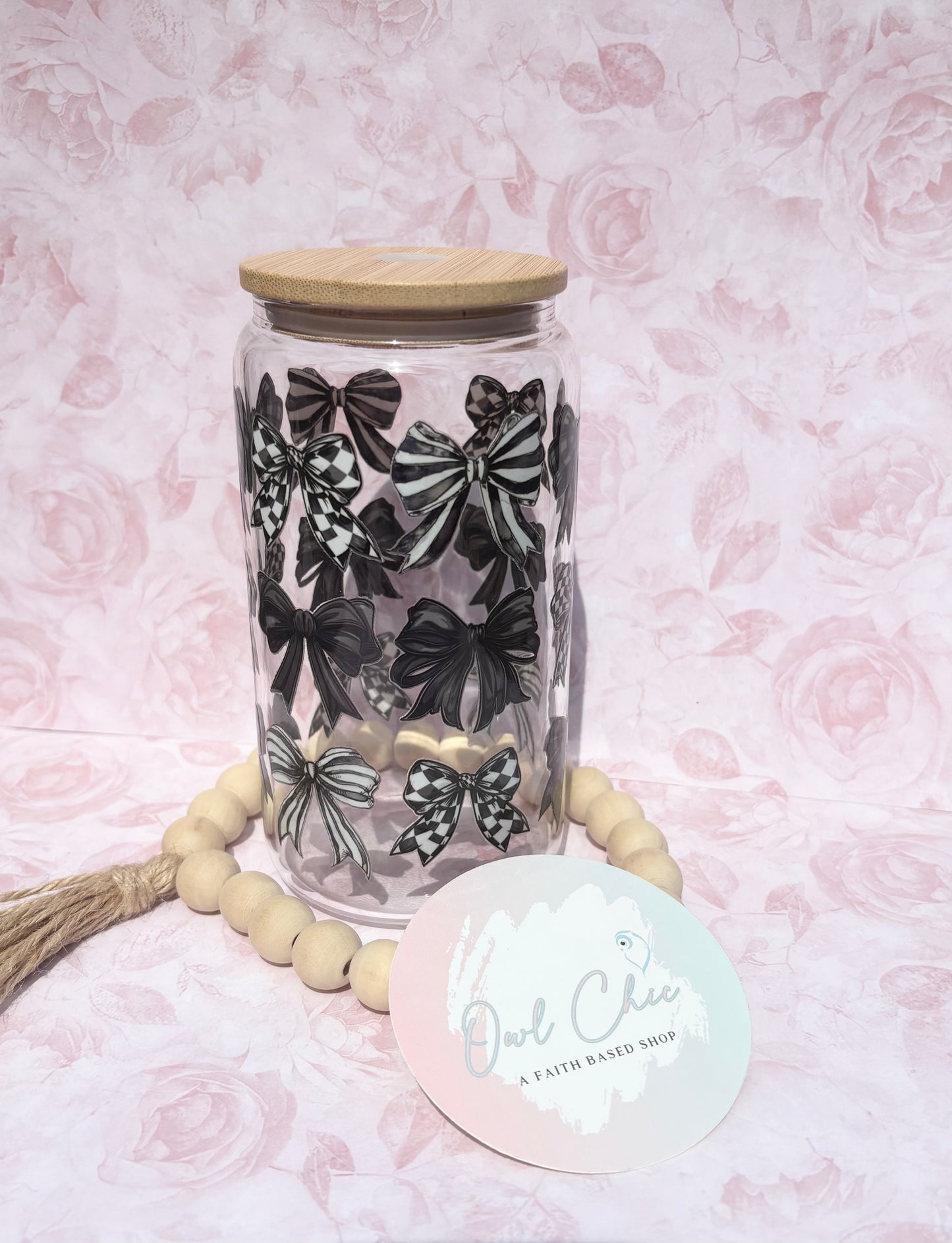 Black Coquette Bows 16 oz Glass Cup| Large Bow | Bamboo Lid & Straw