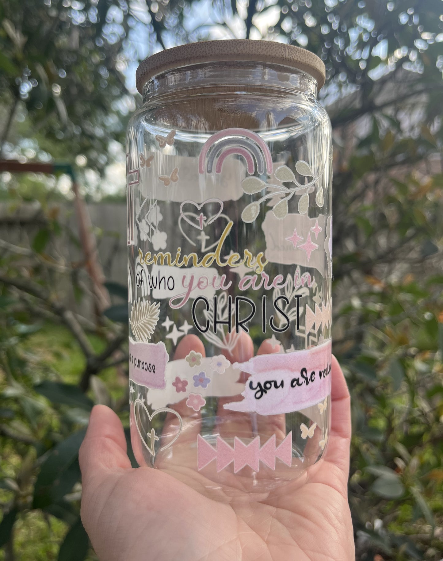 Reminders of Who You Are in Christ Clear 16 oz. Glass Cup | Includes Bamboo Lid and Glass Straw