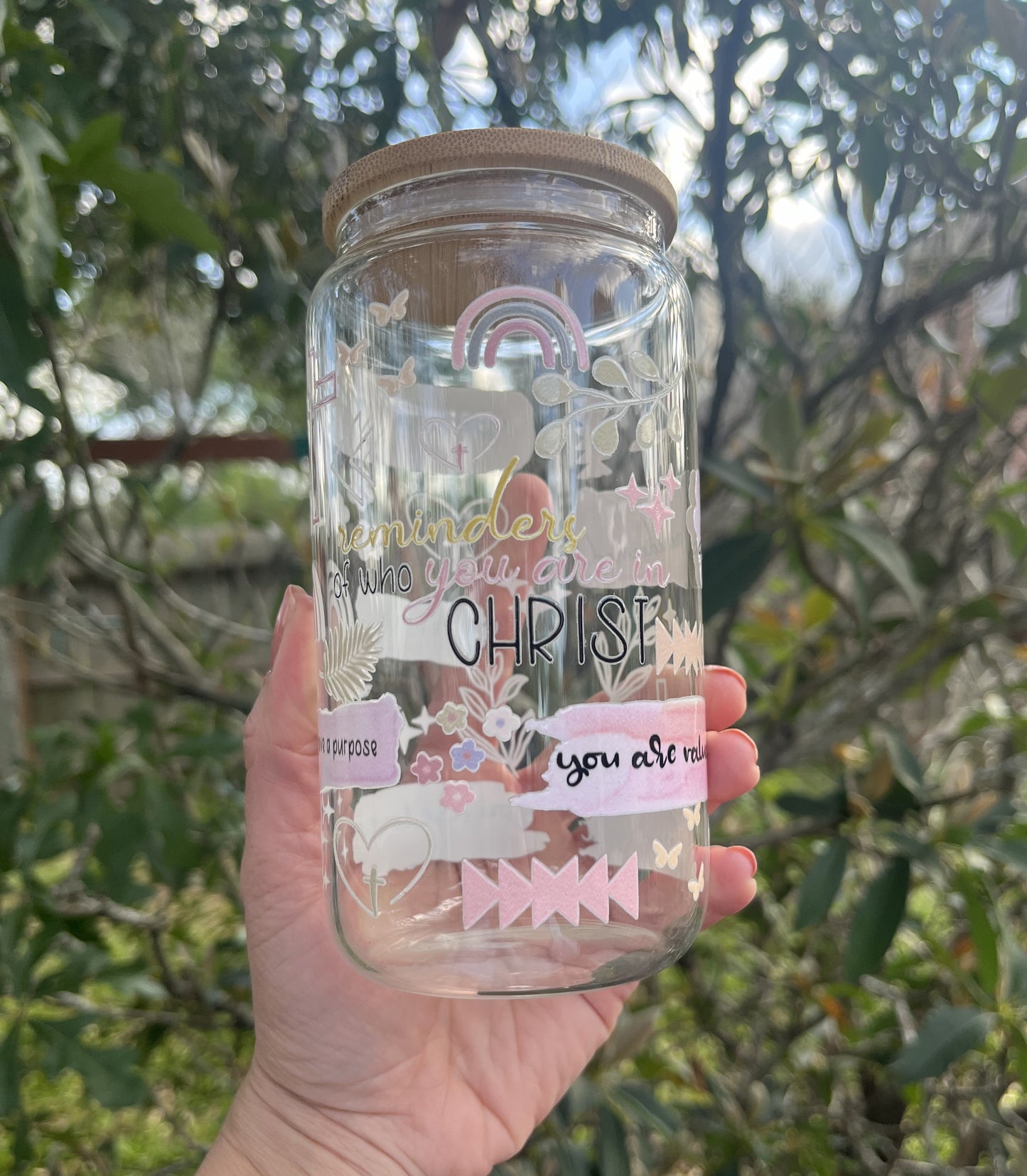 Reminders of Who You Are in Christ Clear 16 oz. Glass Cup | Includes Bamboo Lid and Glass Straw