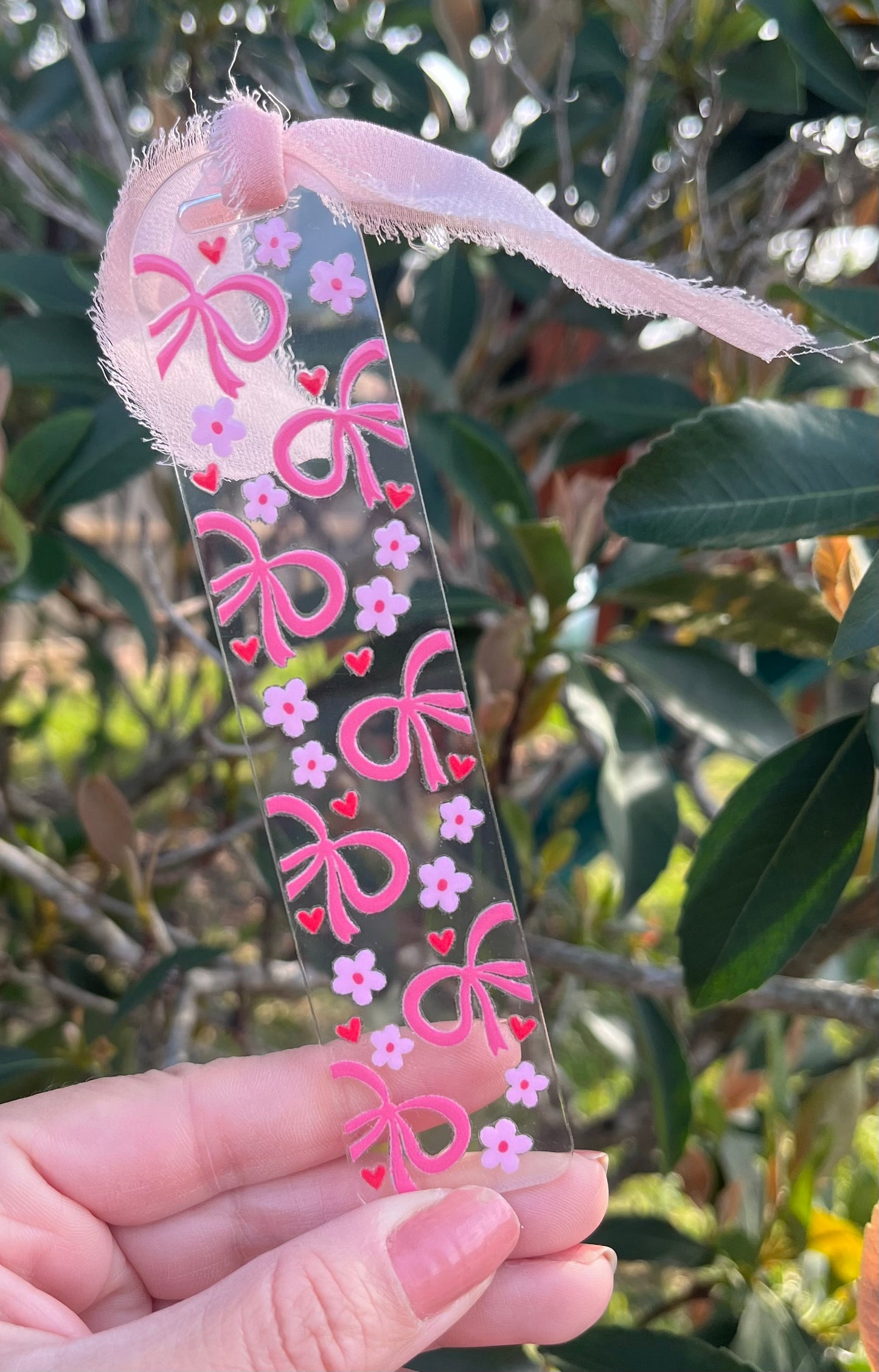 Coquette Pink Bows, Flowers, & Hearts Acrylic Bookmark | Unique Designs for Book Lovers