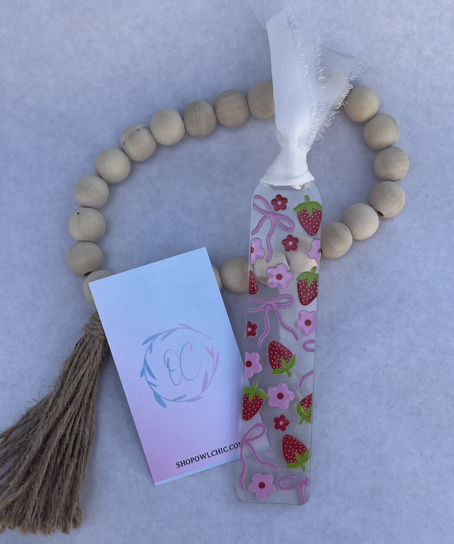 Coquette pink strawberries and flowers design on acrylic bookmark