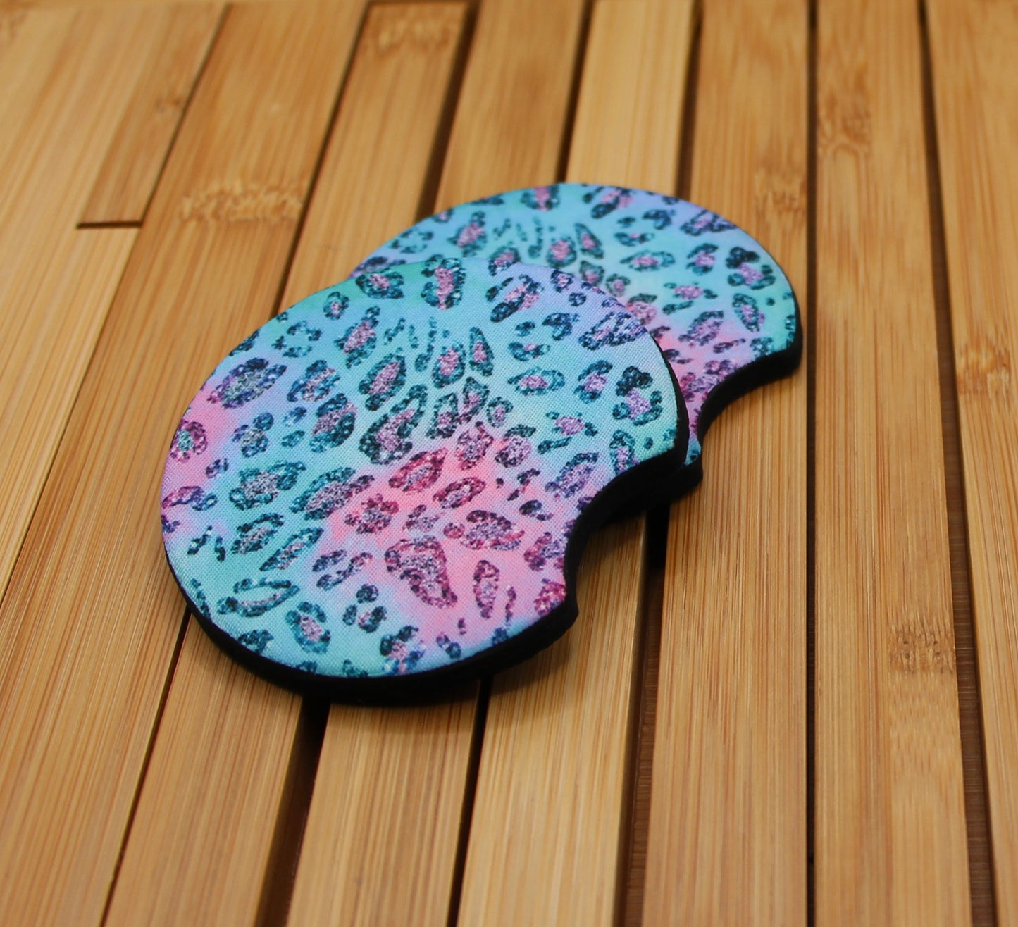 Custom pink and teal leopard print coasters for cars