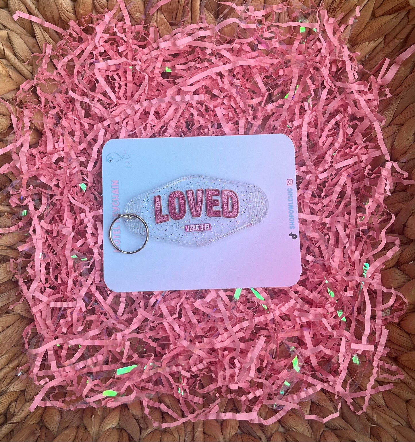 LOVED John 3:16 motel keychain in glitter