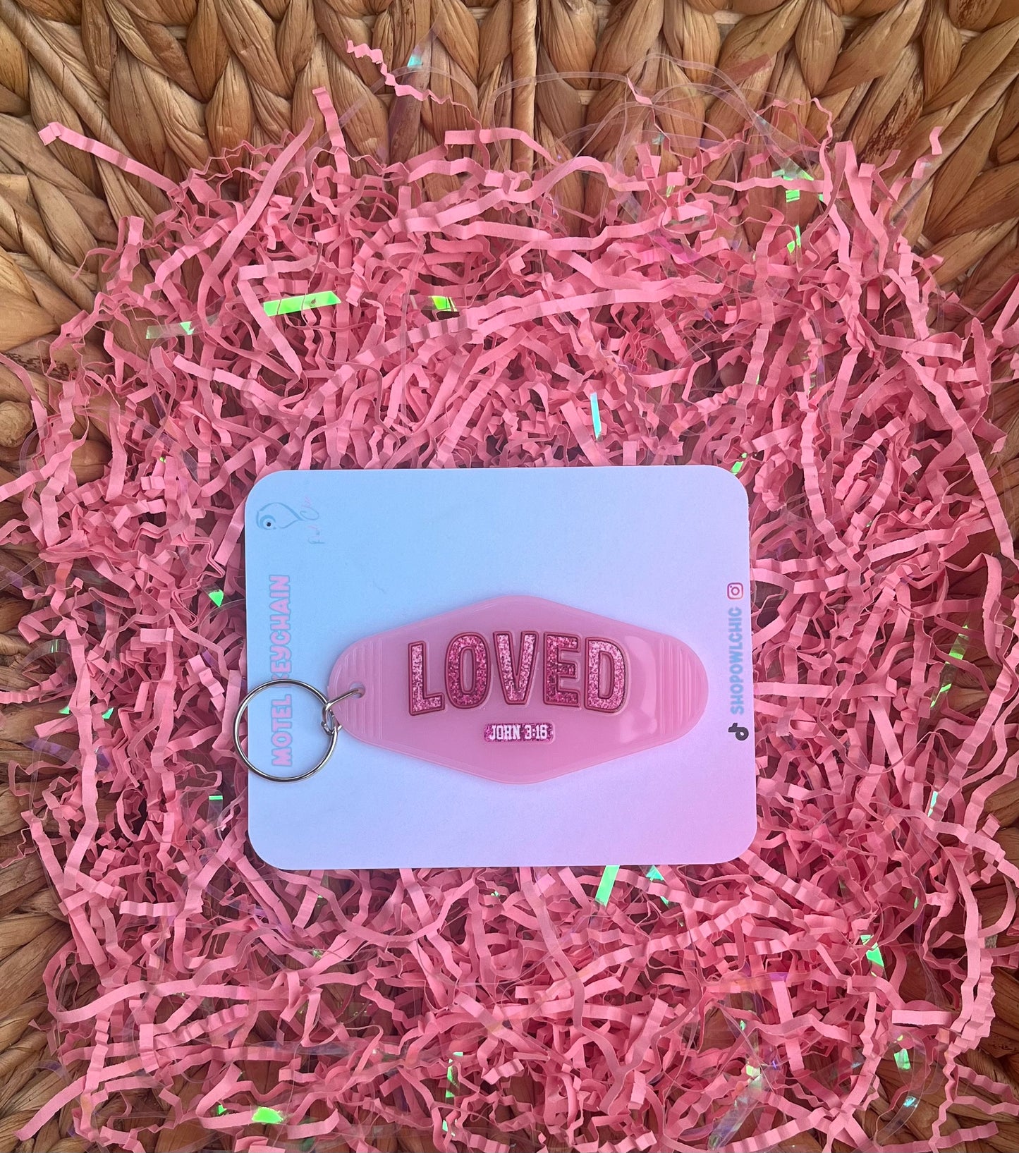 LOVED John 3:16 motel keychain in pink