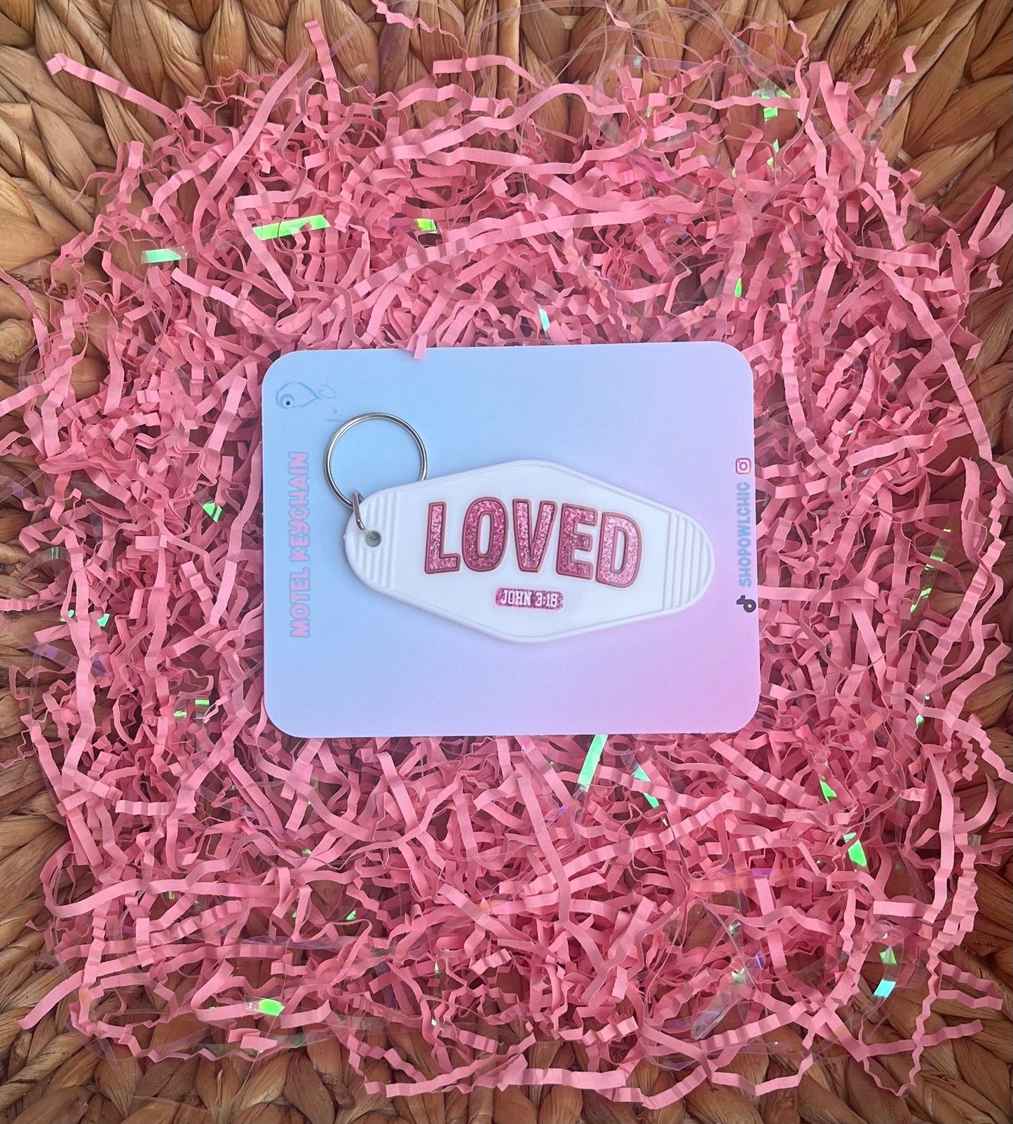 LOVED John 3:16 motel keychain in white