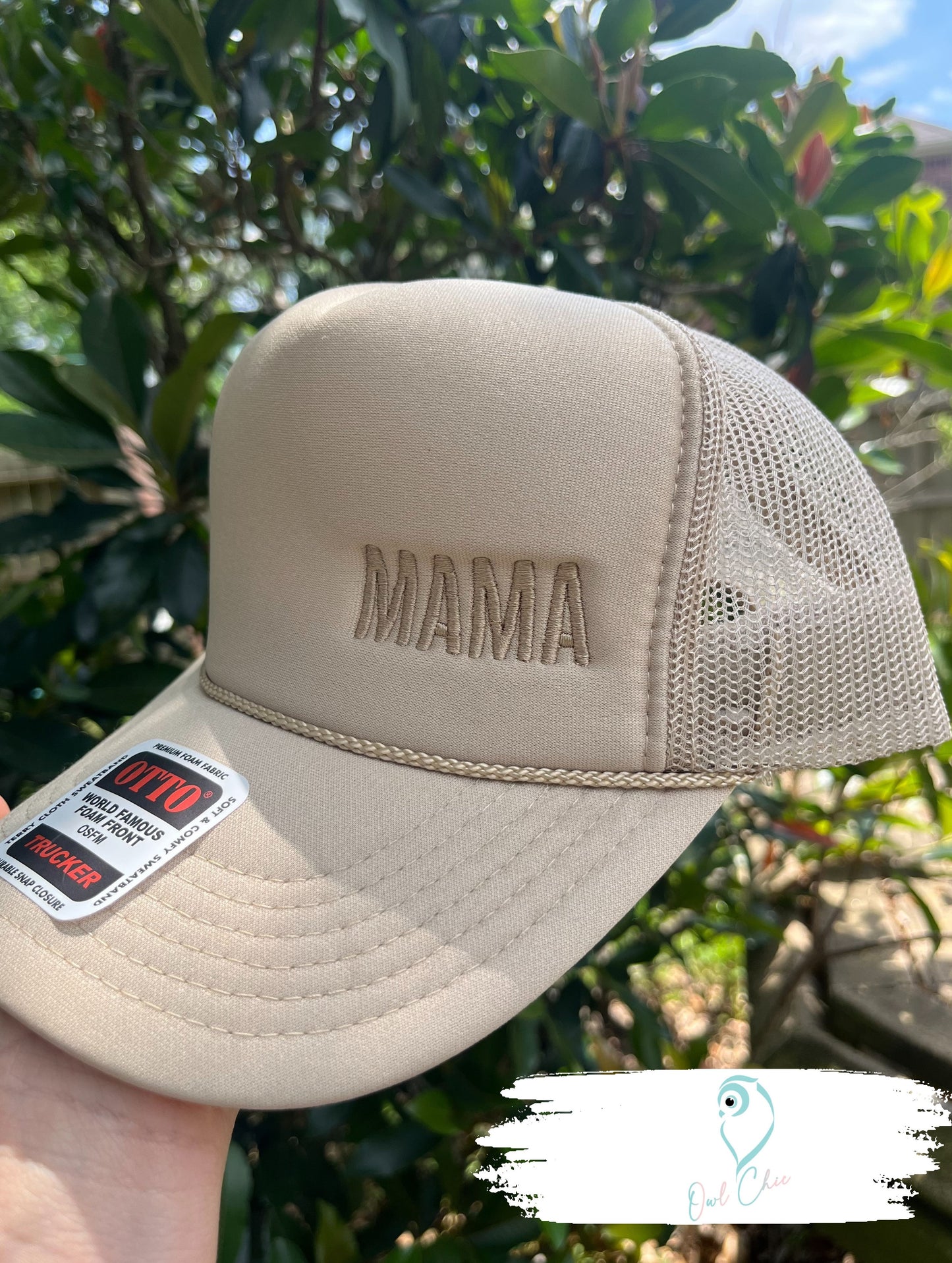 Embroidered Mama Otto 5 Panel Trucker Hat | Neutral Mesh Back Mom Cap