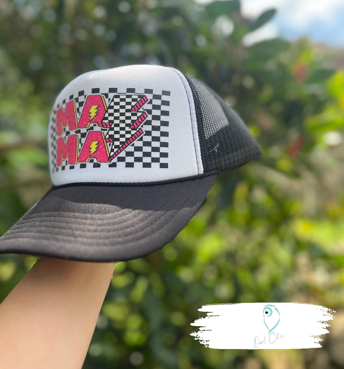 Black and White Otto 5 Panel Trucker Hat | Mama Design with Checkered Lightning Bolt