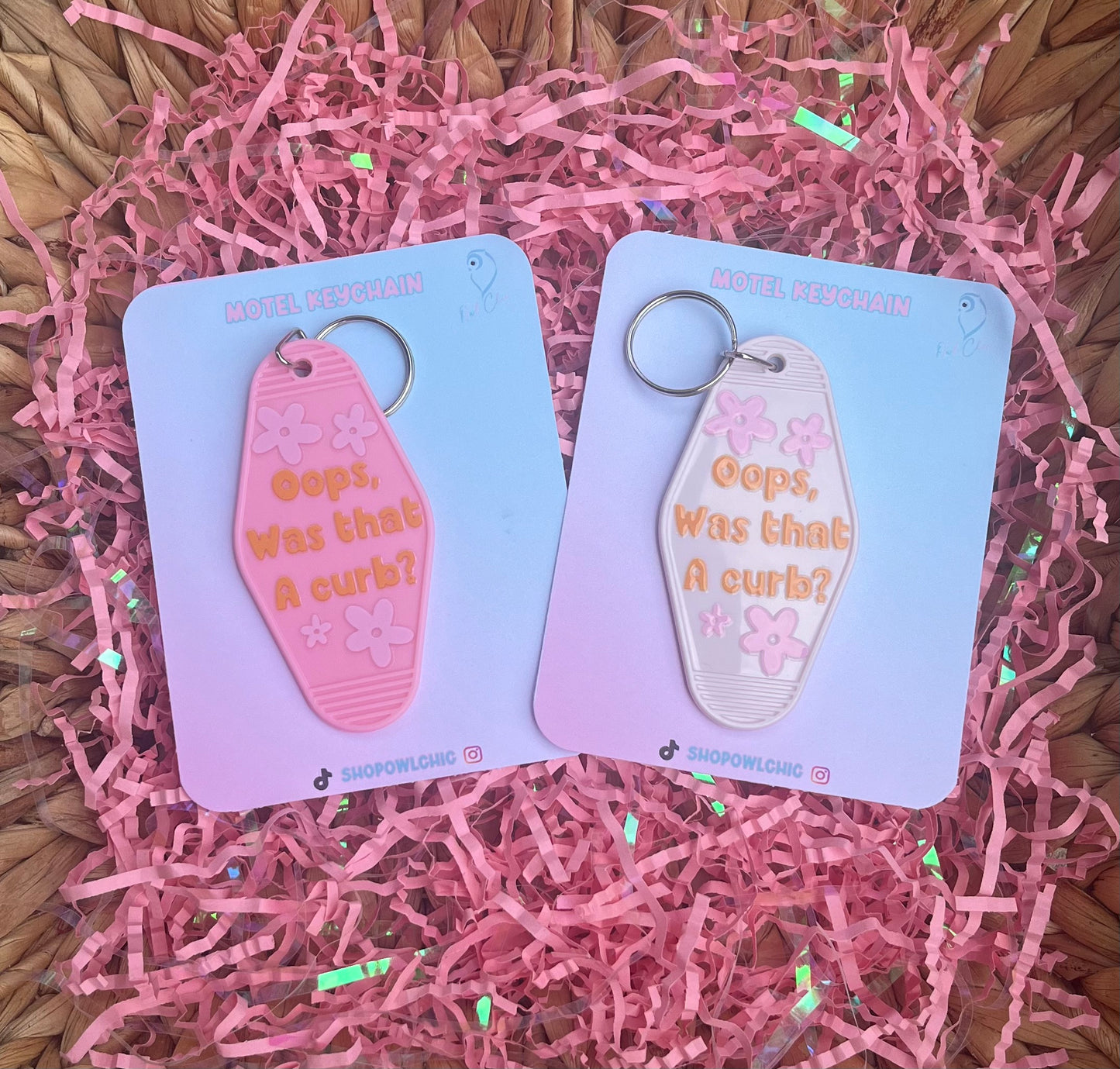 Playful keychain with curb message