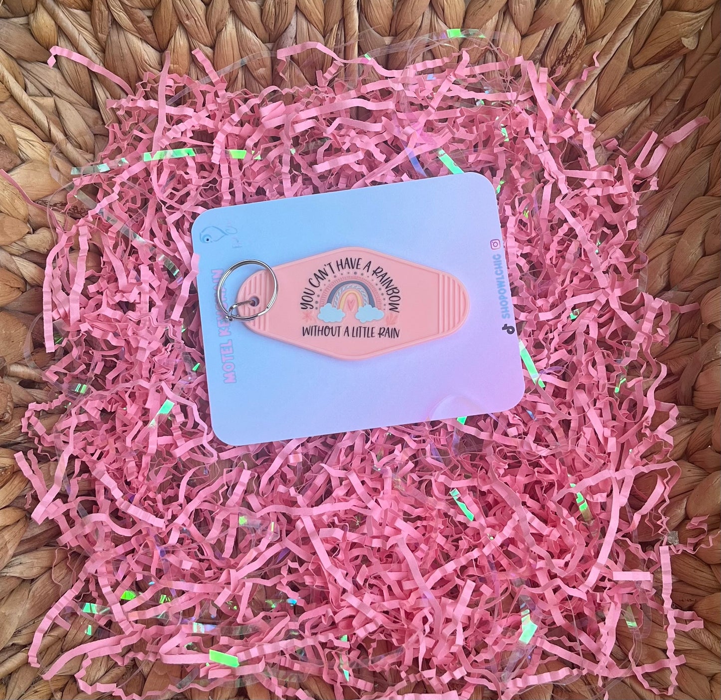 You Can’t Have Rainbow Without a Little Rain keychain in peach