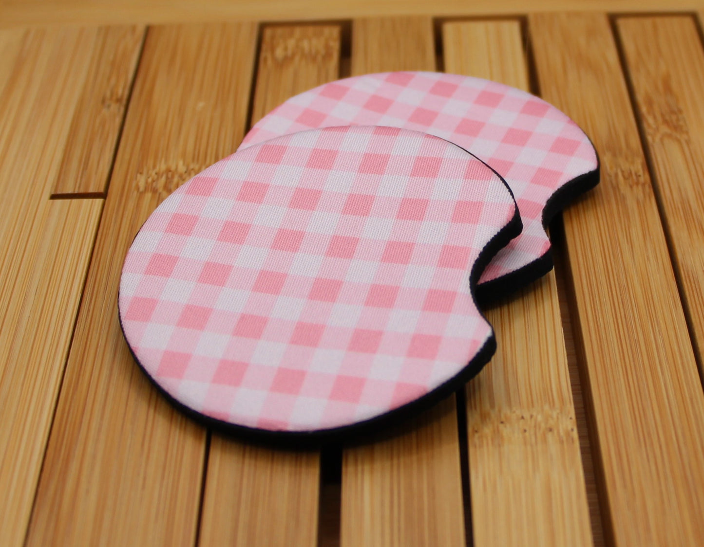 Custom pink checkered coasters with premium neoprene