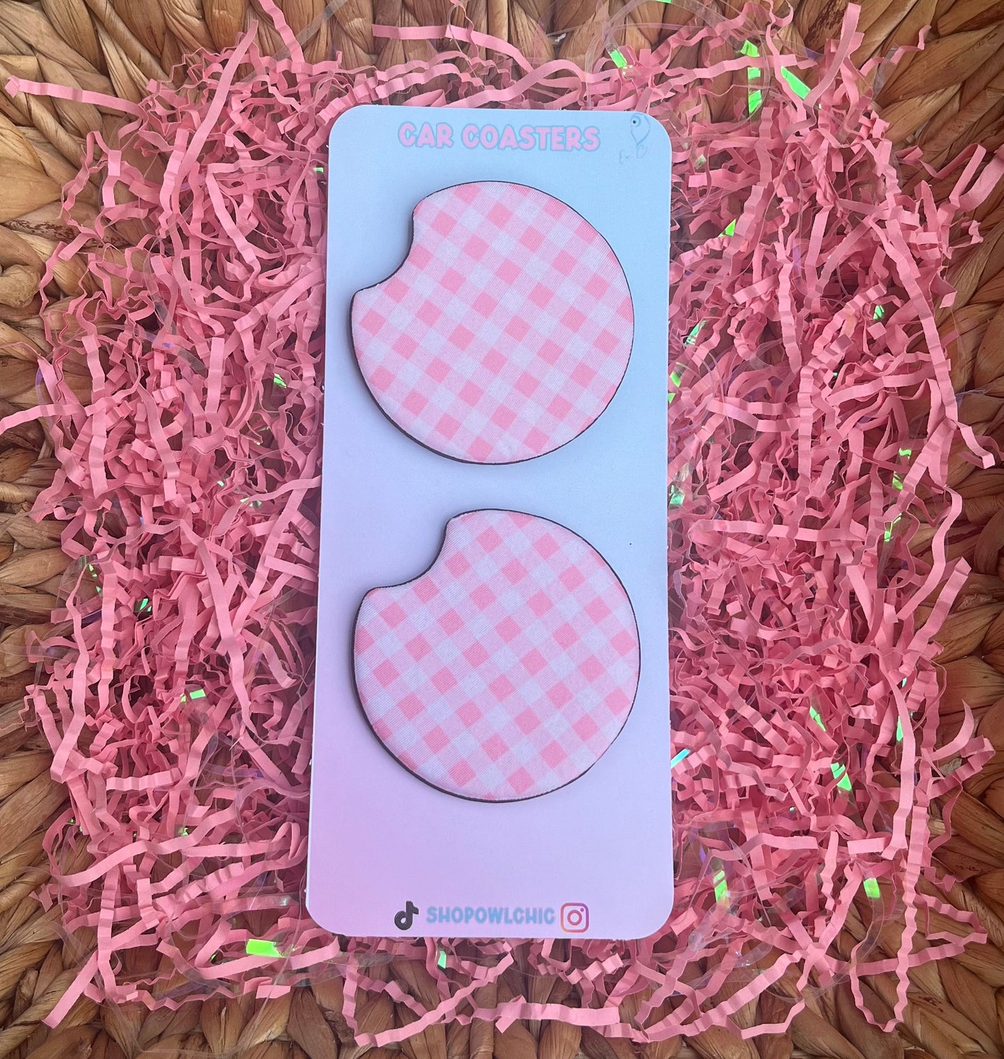 Pink checkered print car coasters made from neoprene