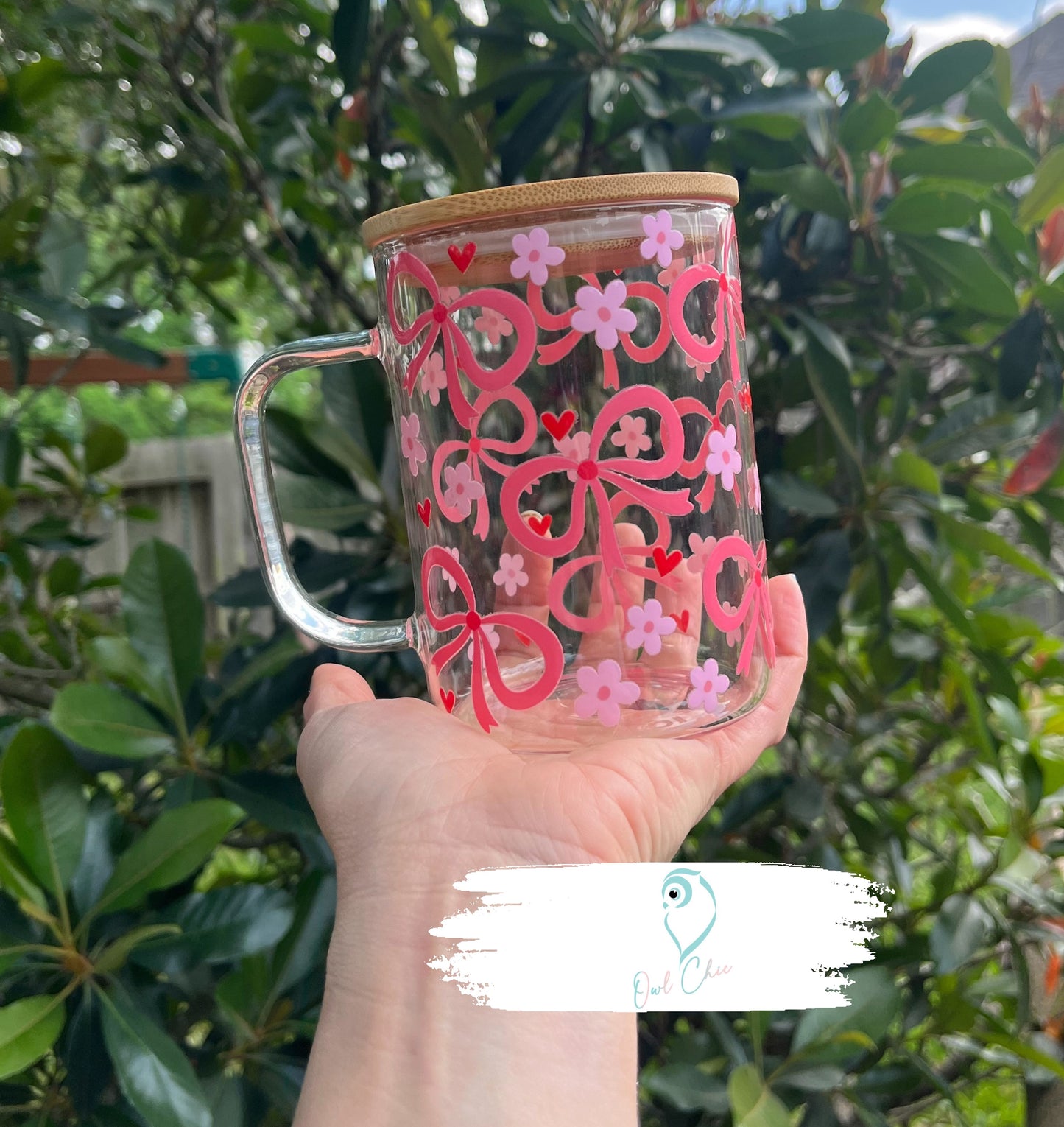 Coquette Bows, Flowers & Hearts 15 oz. Glass Mug | Pink or Blue | Bamboo Lid & Glass Straws