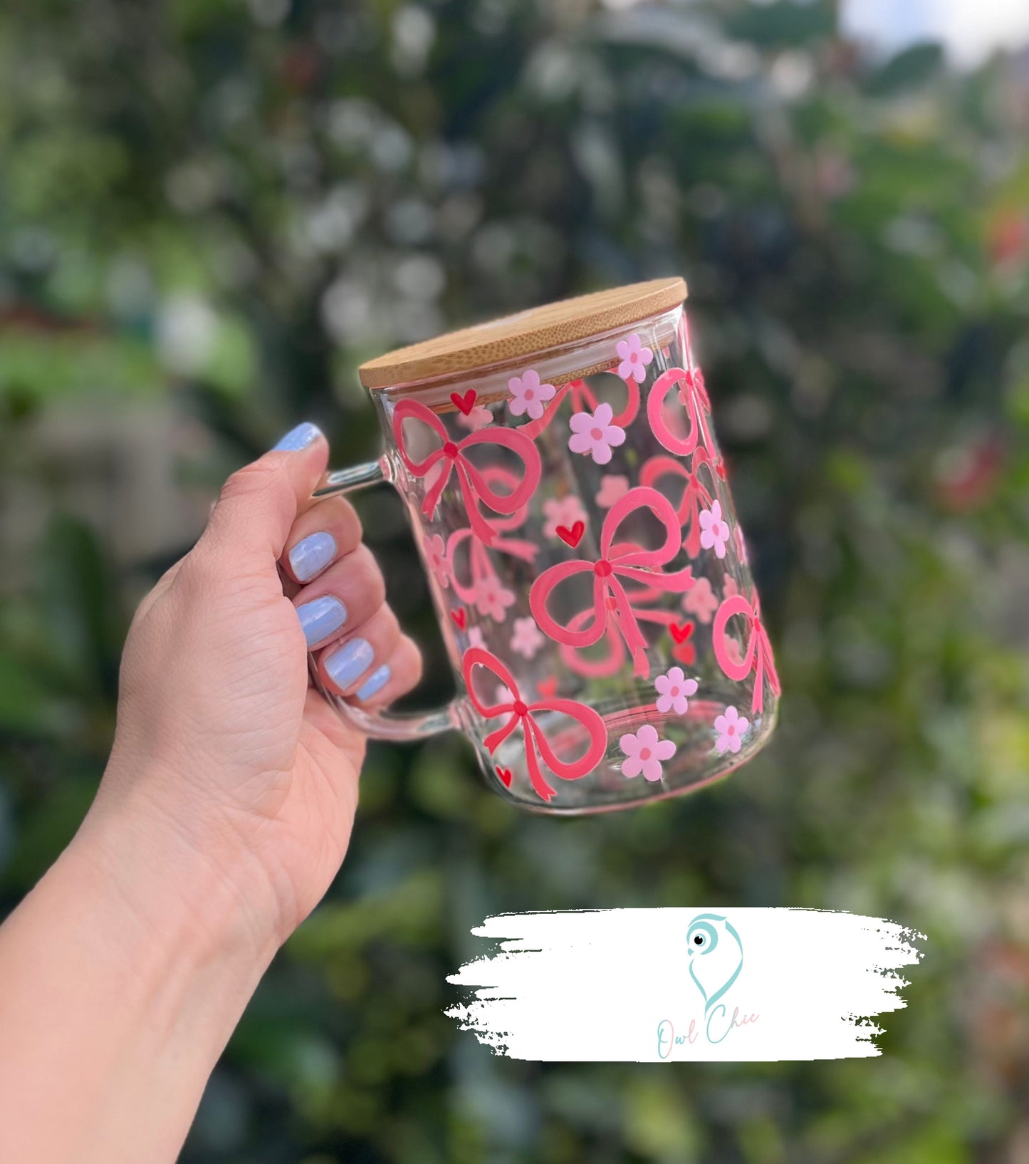 Coquette Bows, Flowers & Hearts 15 oz. Glass Mug | Pink or Blue | Bamboo Lid & Glass Straws