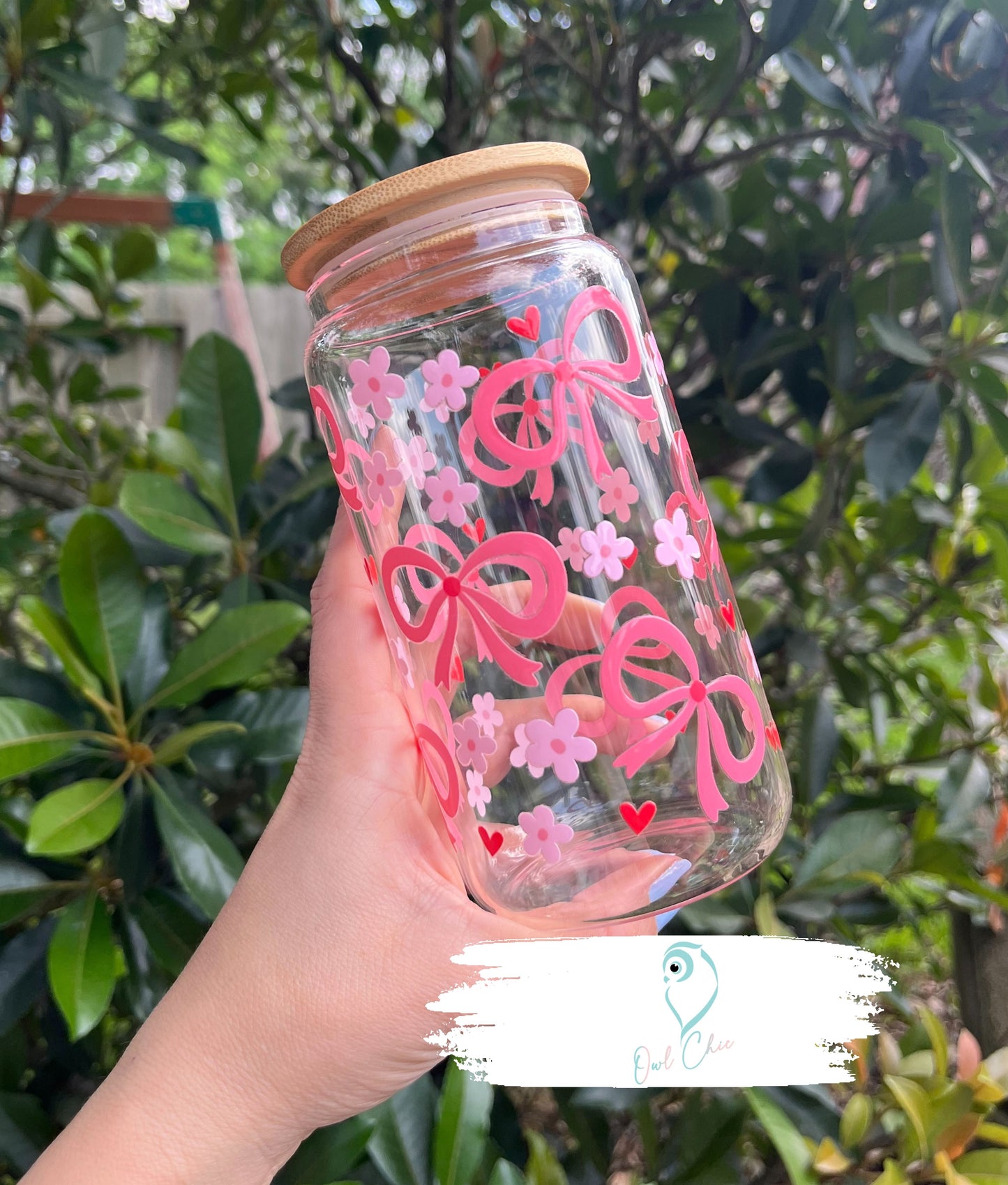 Coquette Bows, Flowers & Hearts 16 oz. Glass Cup | Pink or Blue | Bamboo Lid & Glass Straw