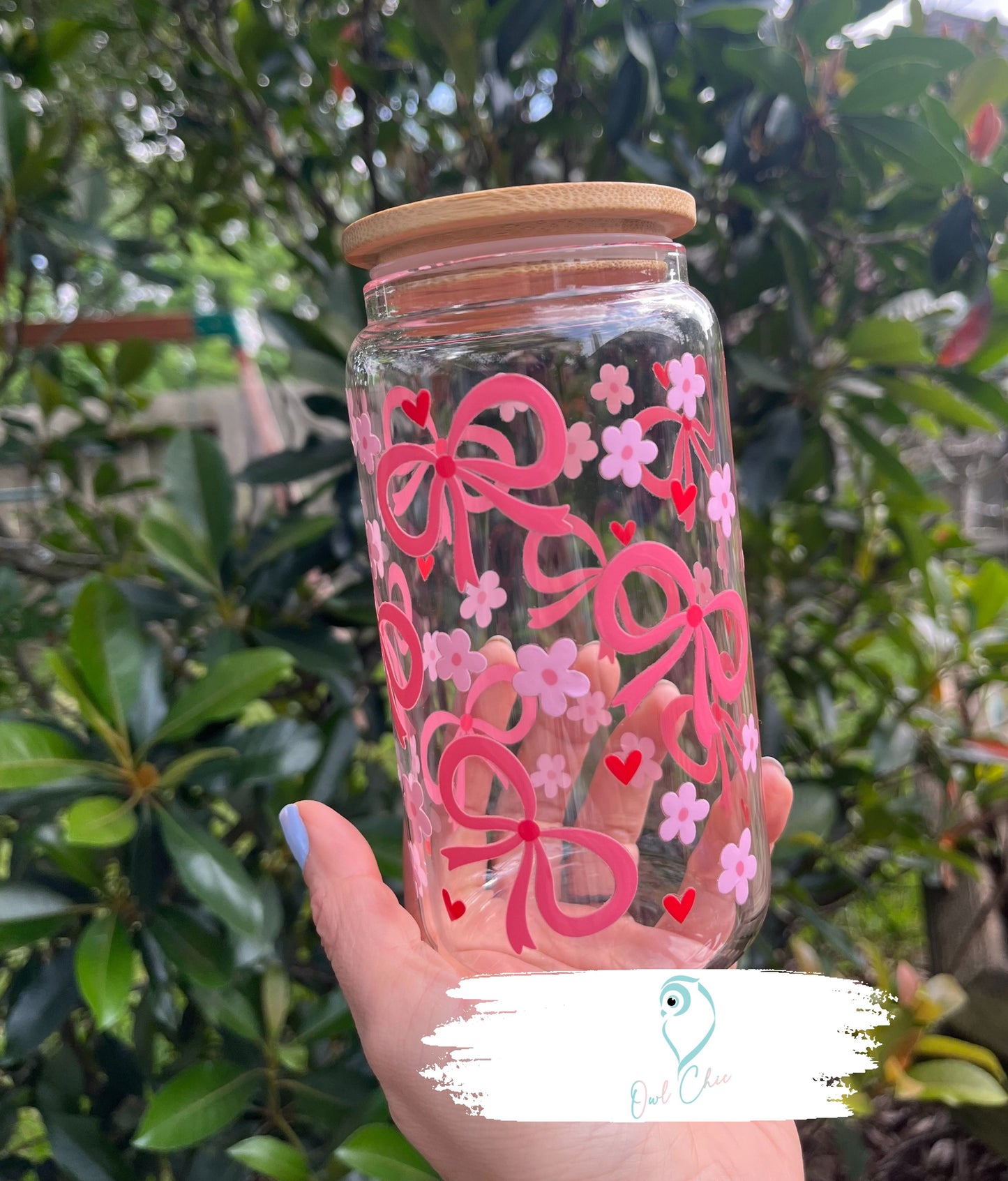 Coquette Bows, Flowers & Hearts 16 oz. Glass Cup | Pink or Blue | Bamboo Lid & Glass Straw