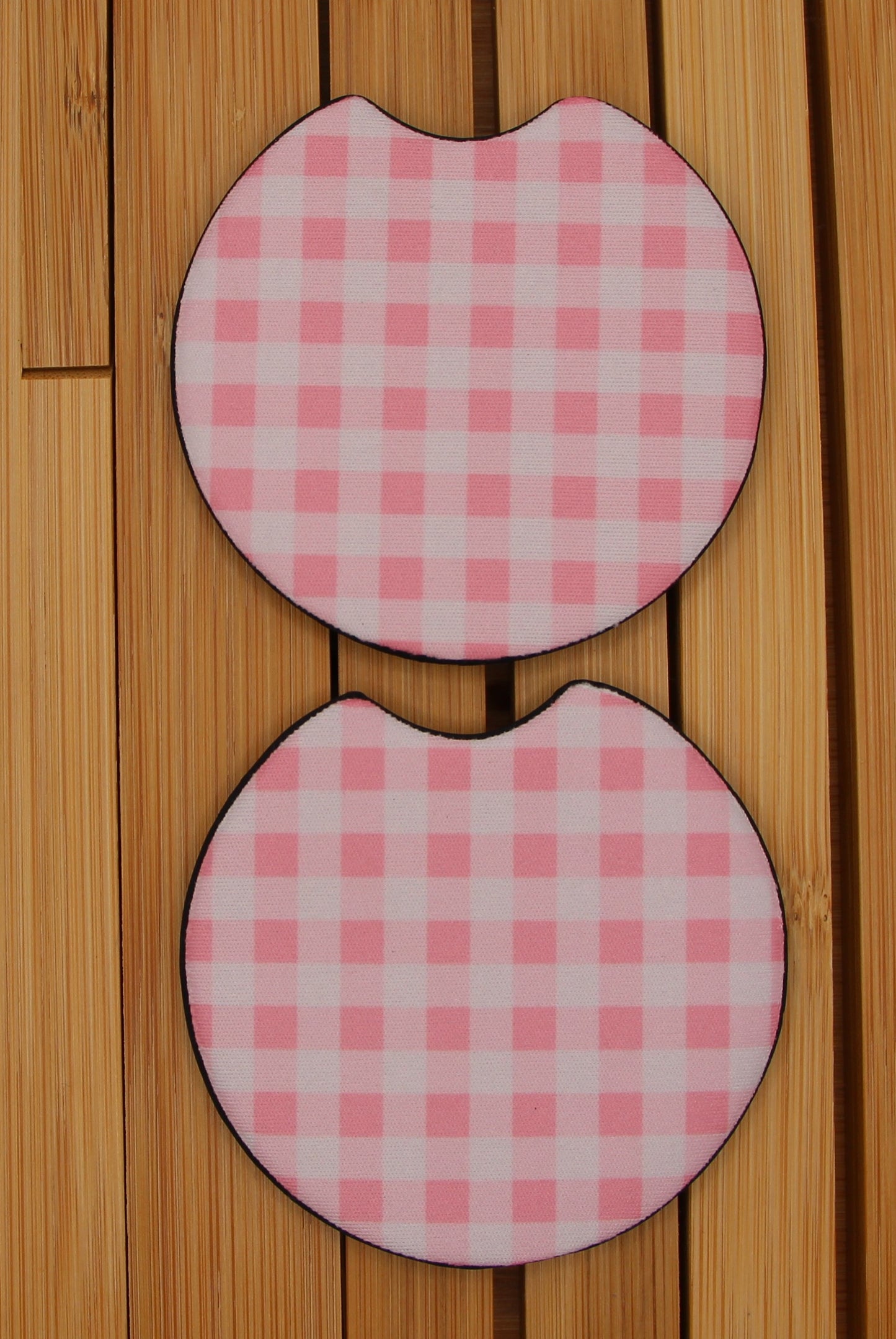 Stylish pink checkered neoprene coasters