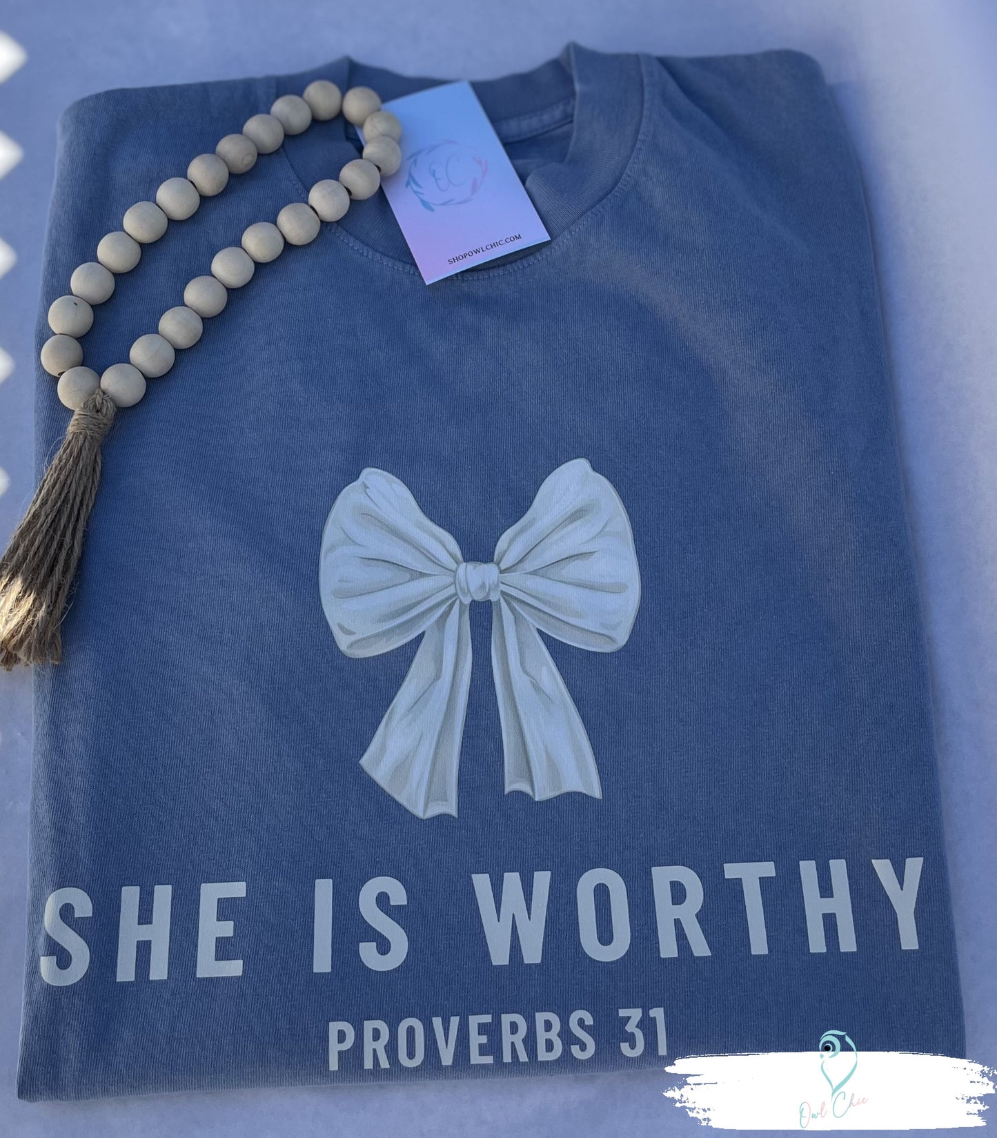 She Is Worthy Proverbs 31 Tee | Christian Women's Bow Graphic T-Shirt
