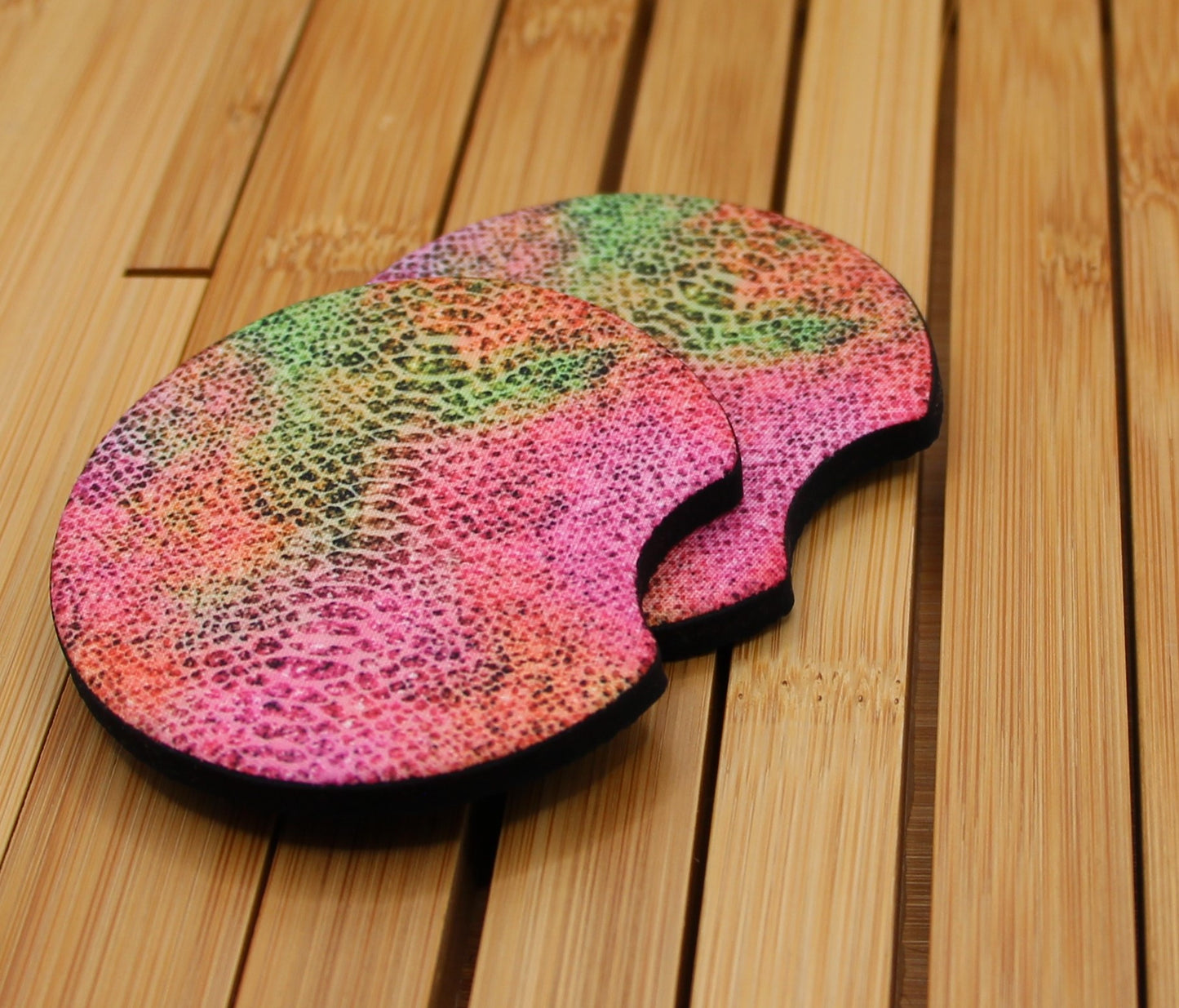 Custom pink and green snake print coasters for cars