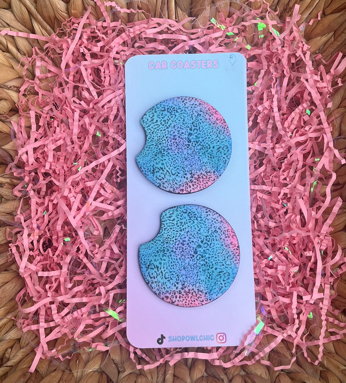 Teal jaguar print car coasters made from neoprene