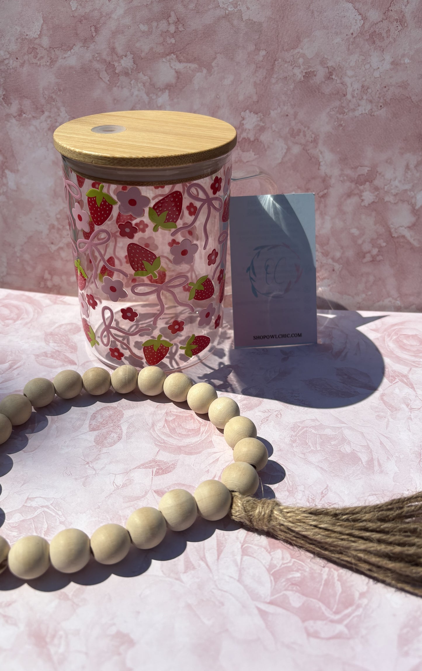 Coquette Pink Bows, Flowers & Strawberries Glass Mug | 15 oz Mug with Bamboo Lid & Straw